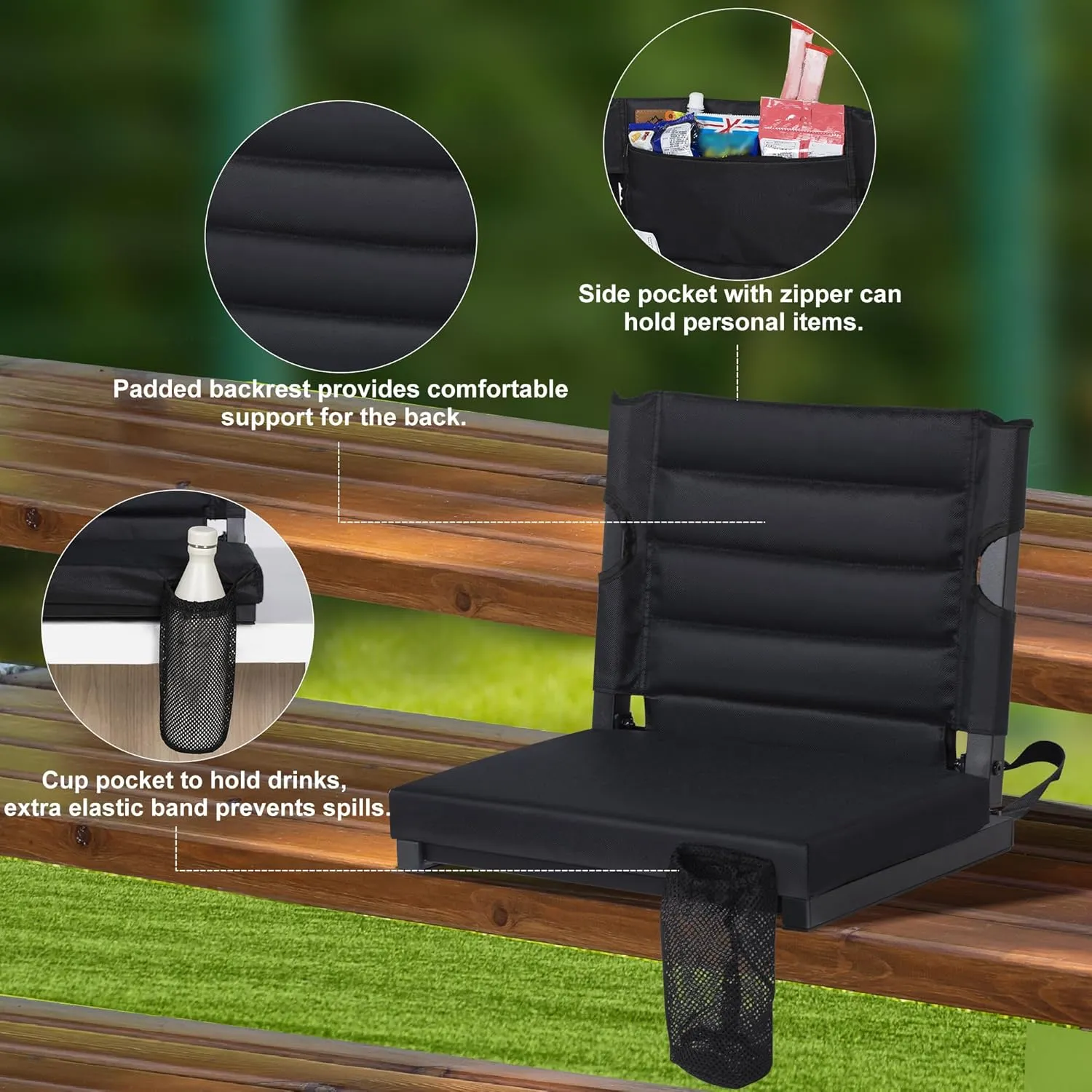 Folding Stadium Seats for Bleachers with Back Support, Padded Bleacher Seats with Backs & Extra Thick Padded Cushion, Includes Shoulder Straps Carry Handle, and Cup Holder Pockets (Black)