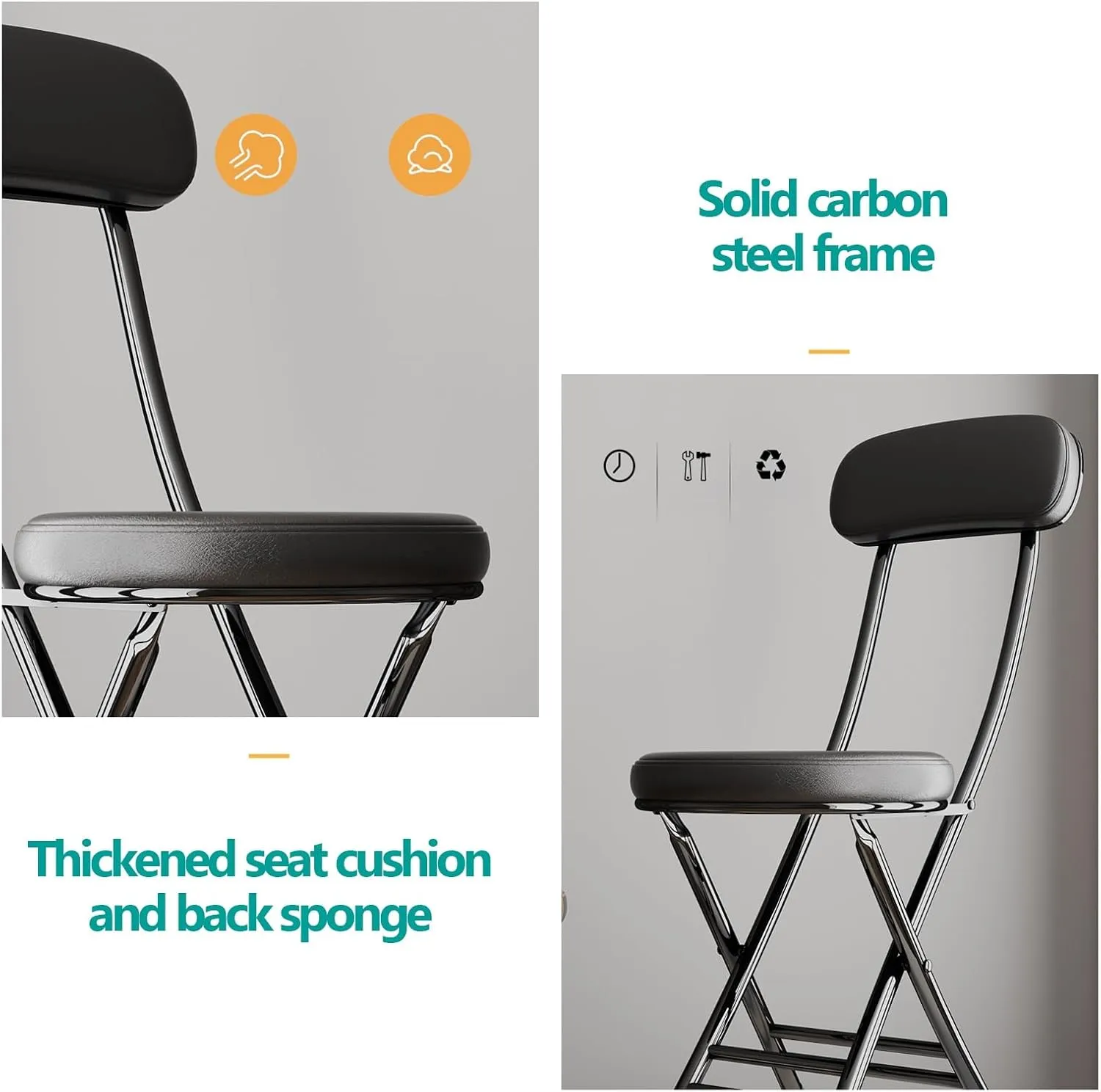 Folding with Cushioned Padded, Foldable Stool, Portable Foldable with PU Leather Backrest for Outdoor Camping Kiten Shop Cafe