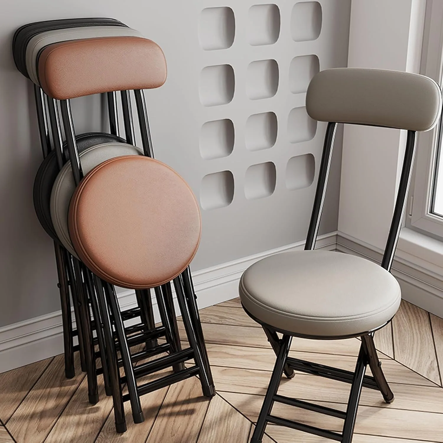 Folding with Cushioned Padded, Foldable Stool, Portable Foldable with PU Leather Backrest for Outdoor Camping Kiten Shop Cafe
