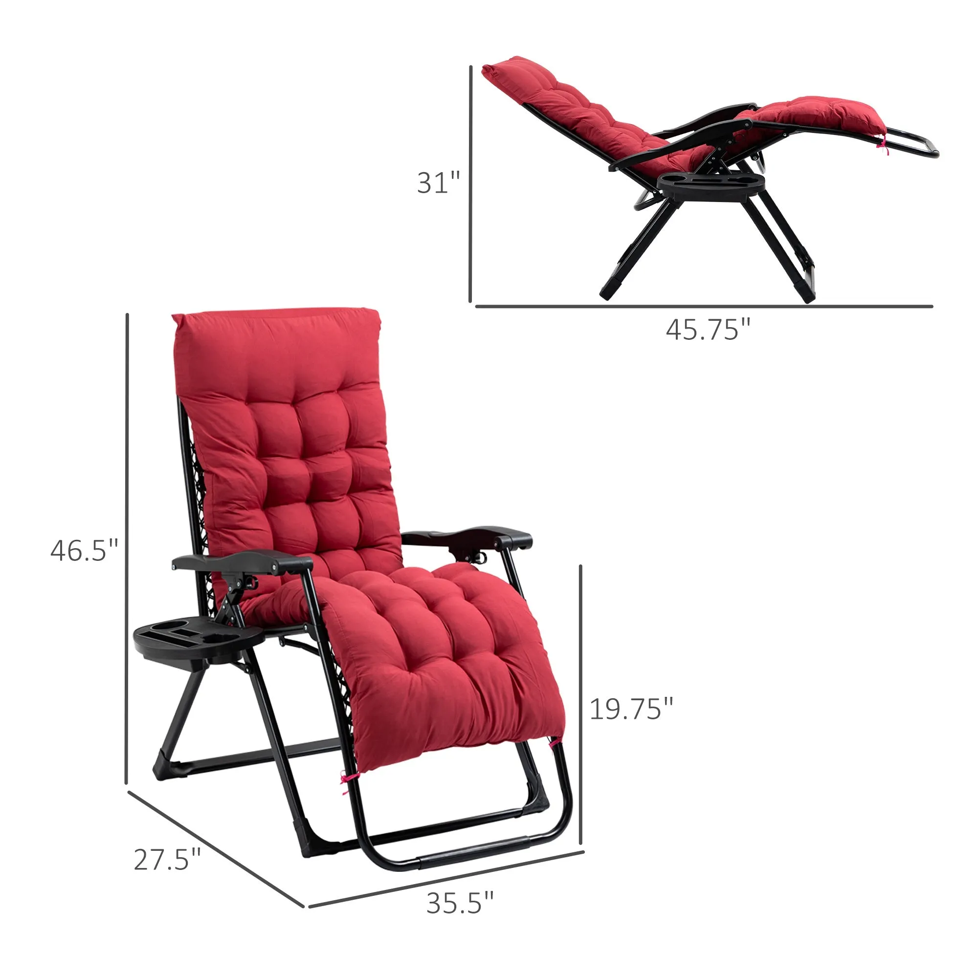 Folding Zero Gravity Recliner Chair with Cup Holder & Padded Cushion, Red