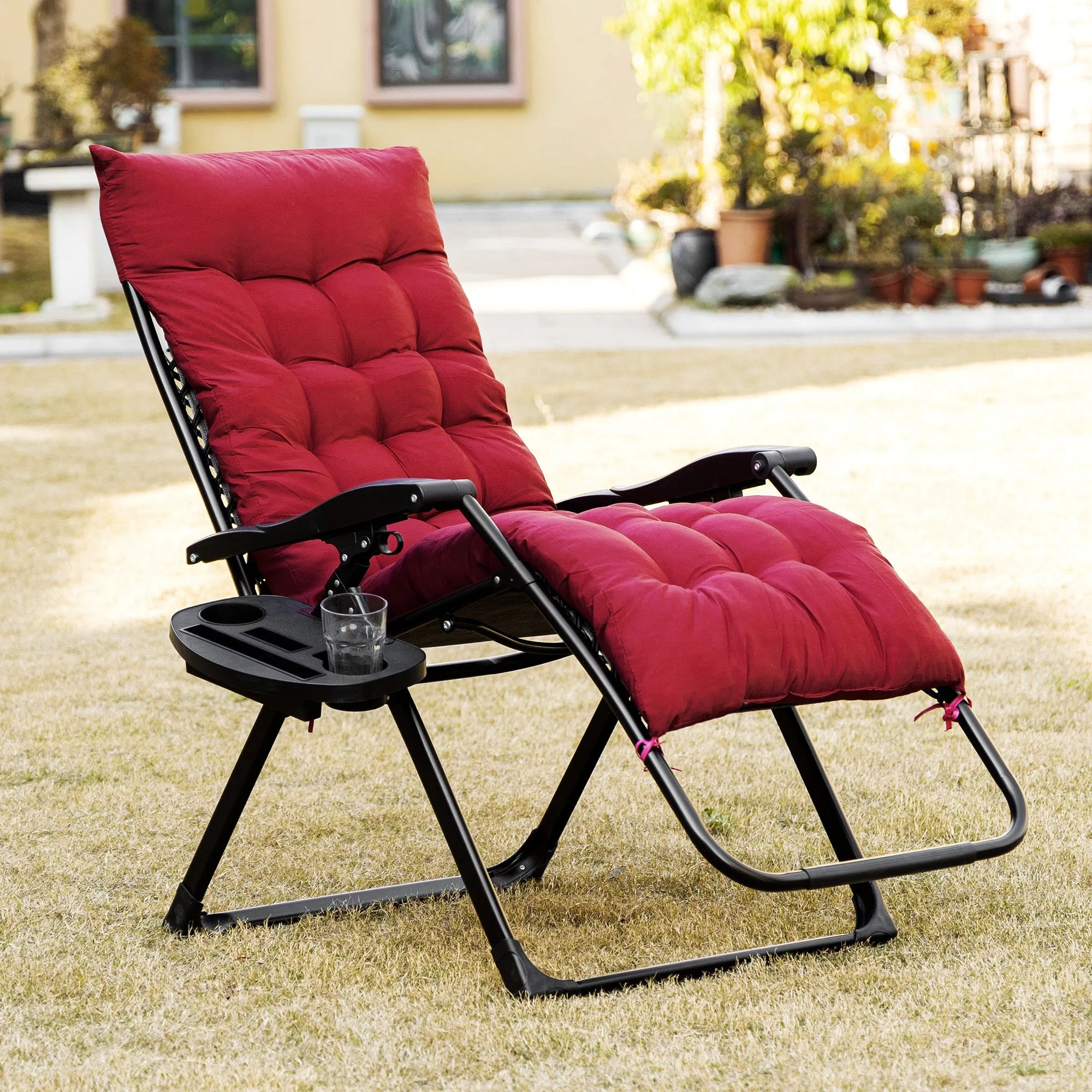 Folding Zero Gravity Recliner Chair with Cup Holder & Padded Cushion, Red
