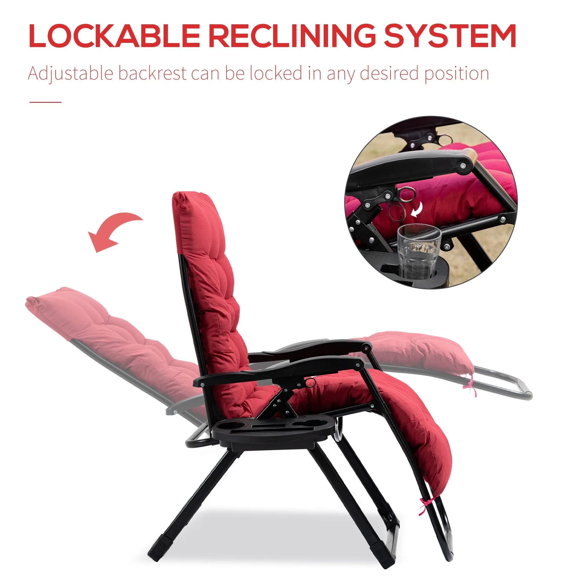 Folding Zero Gravity Recliner Chair with Cup Holder & Padded Cushion, Red