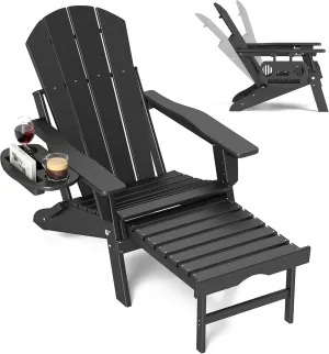 FOOWIN Adirondack Chair with Retractable Ottoman,HDPE Folding Adjustable Adirondack Chair w/4 in 1 Cup Holder Trays,All-Weather Resistant Fire Pit Chair for Outdoor Patio Lawn Oversized Outdoor Chair