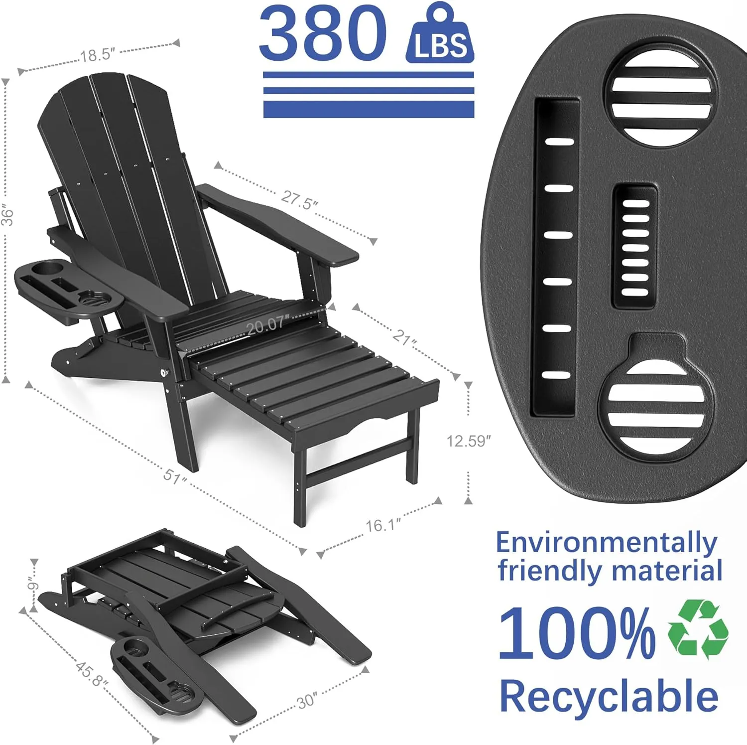 FOOWIN Adirondack Chair with Retractable Ottoman,HDPE Folding Adjustable Adirondack Chair w/4 in 1 Cup Holder Trays,All-Weather Resistant Fire Pit Chair for Outdoor Patio Lawn Oversized Outdoor Chair