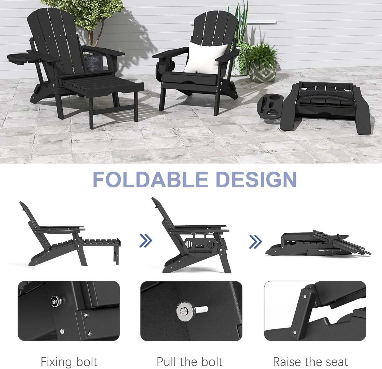 FOOWIN Adirondack Chair with Retractable Ottoman,HDPE Folding Adjustable Adirondack Chair w/4 in 1 Cup Holder Trays,All-Weather Resistant Fire Pit Chair for Outdoor Patio Lawn Oversized Outdoor Chair