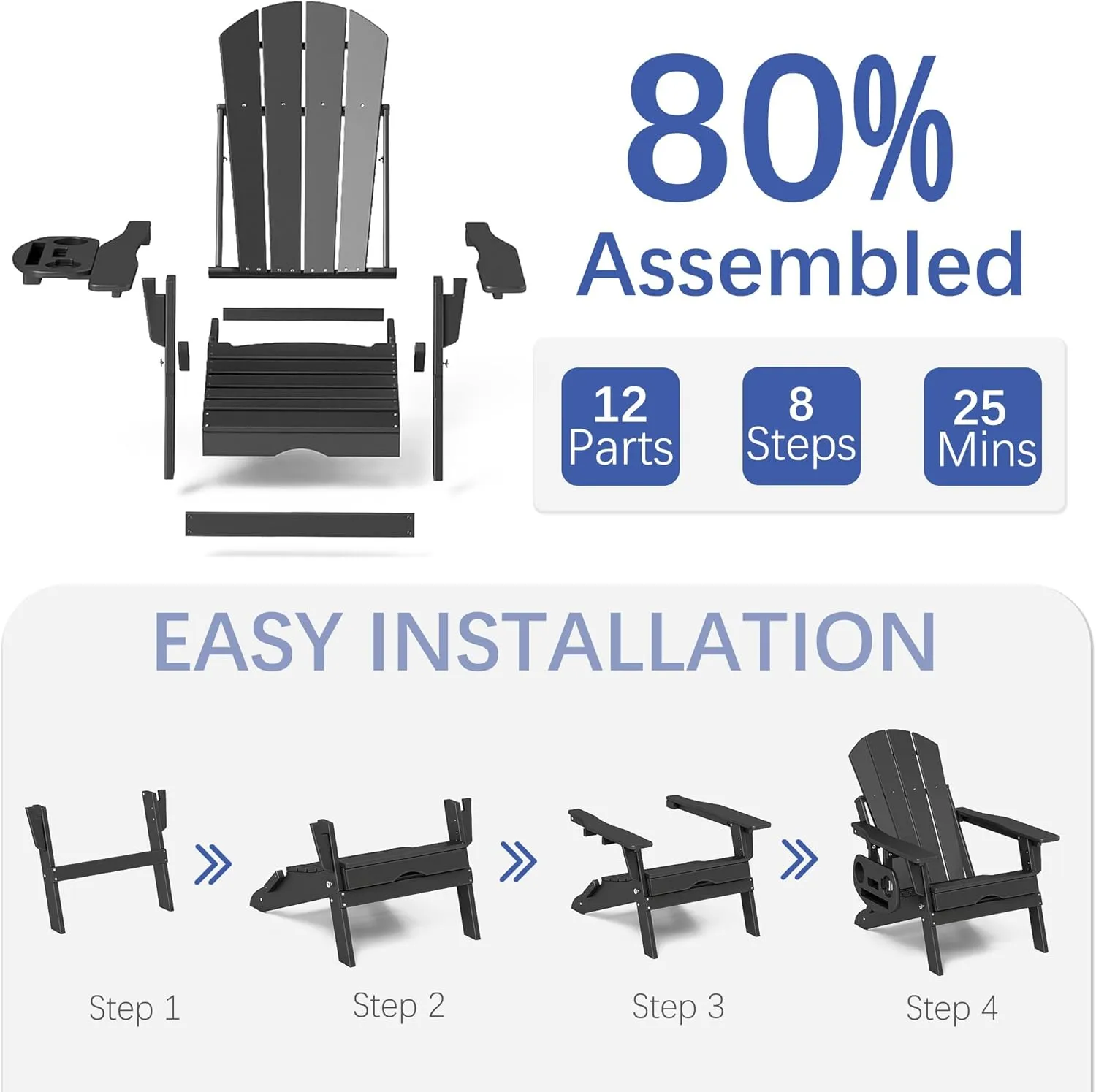 FOOWIN Adirondack Chair with Retractable Ottoman,HDPE Folding Adjustable Adirondack Chair w/4 in 1 Cup Holder Trays,All-Weather Resistant Fire Pit Chair for Outdoor Patio Lawn Oversized Outdoor Chair