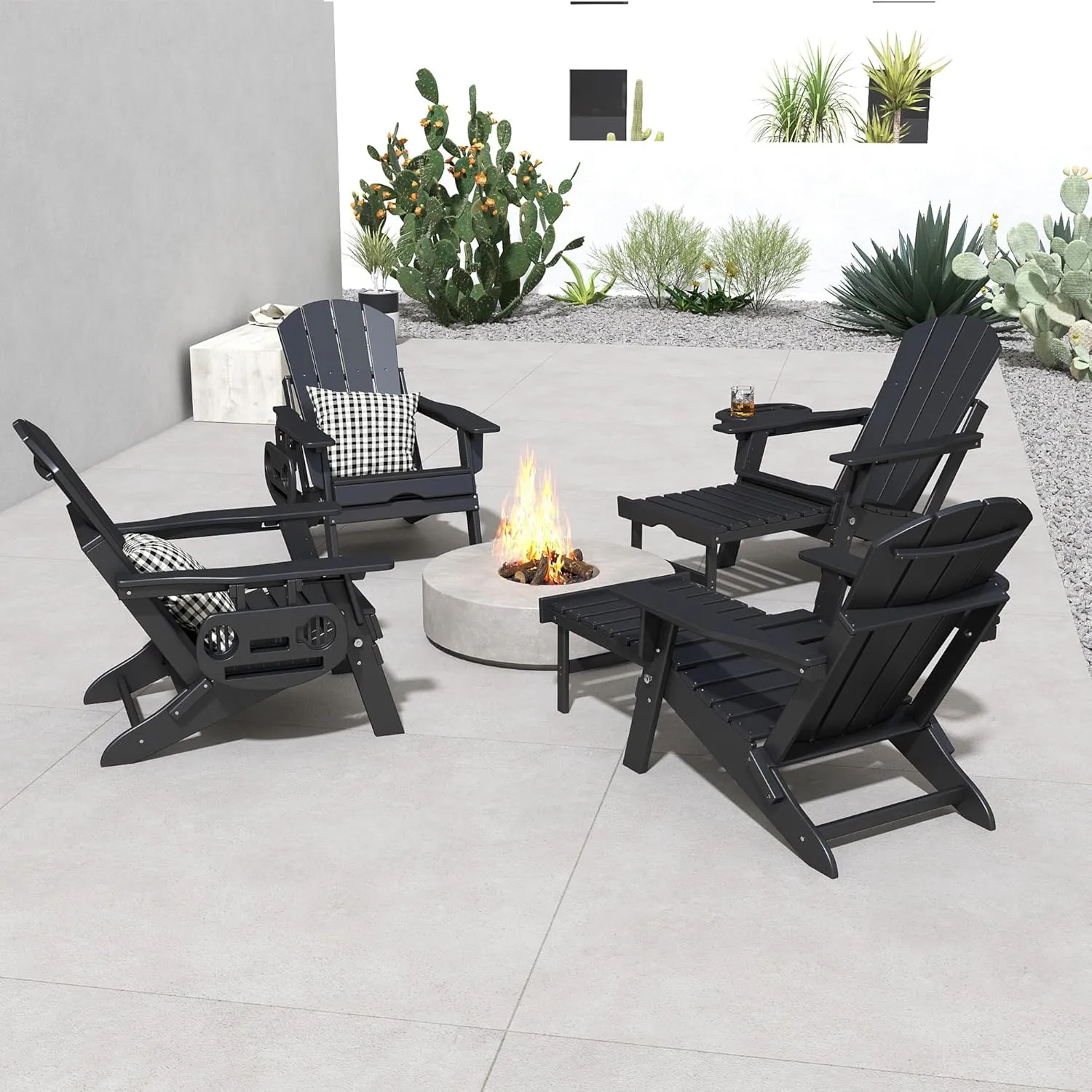 FOOWIN Adirondack Chair with Retractable Ottoman,HDPE Folding Adjustable Adirondack Chair w/4 in 1 Cup Holder Trays,All-Weather Resistant Fire Pit Chair for Outdoor Patio Lawn Oversized Outdoor Chair