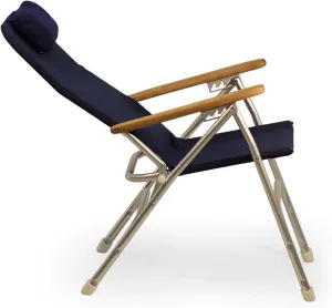 FORMA MARINE Aluminum Folding Reclining Boat Chair with Iroko Armrests Uniform Navy Blue Fabric R120NB