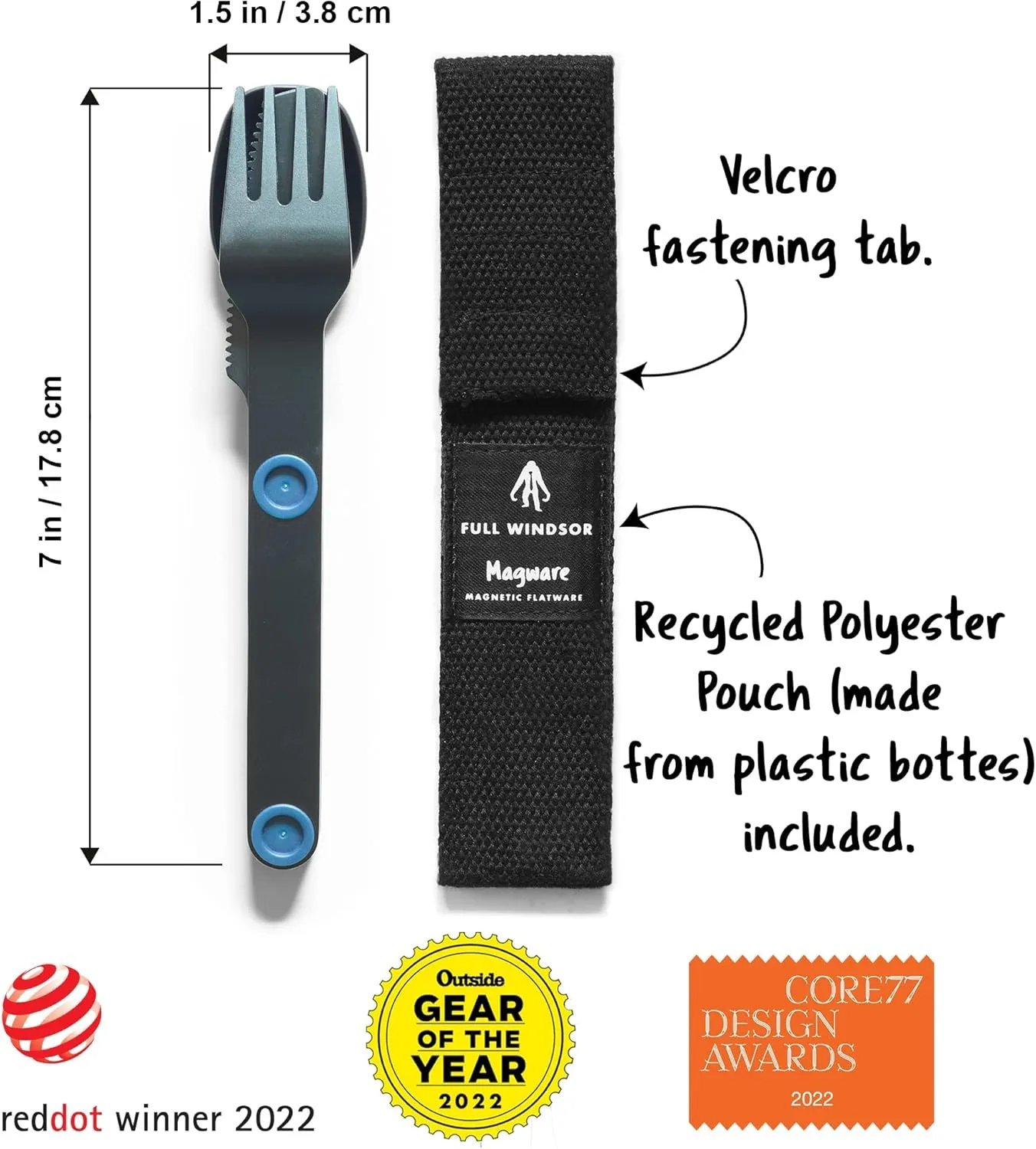 FULL WINDSOR - MAGWARE Magnetic Camping Cutlery Set - Travel Utensils for Camping, Cooking, and Outdoor Dining - Knife, Fork & Spoon - Portable Silverware with Pouch - Blue (3 PCS)