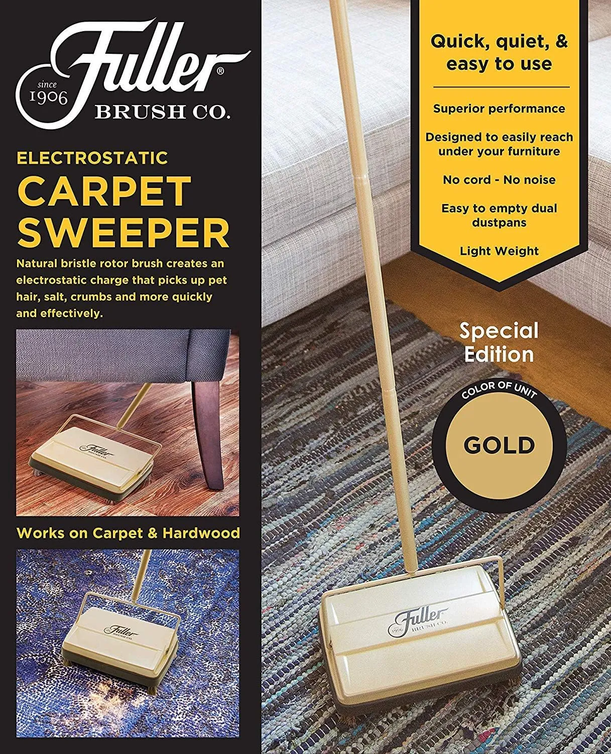 Fuller Brush 17031 Electrostatic Carpet & Floor Sweeper - 9" Cleaning Path - Lightweight - Ideal for Crumby Messes - Works On Carpets & Hard Floor Surfaces - Gold