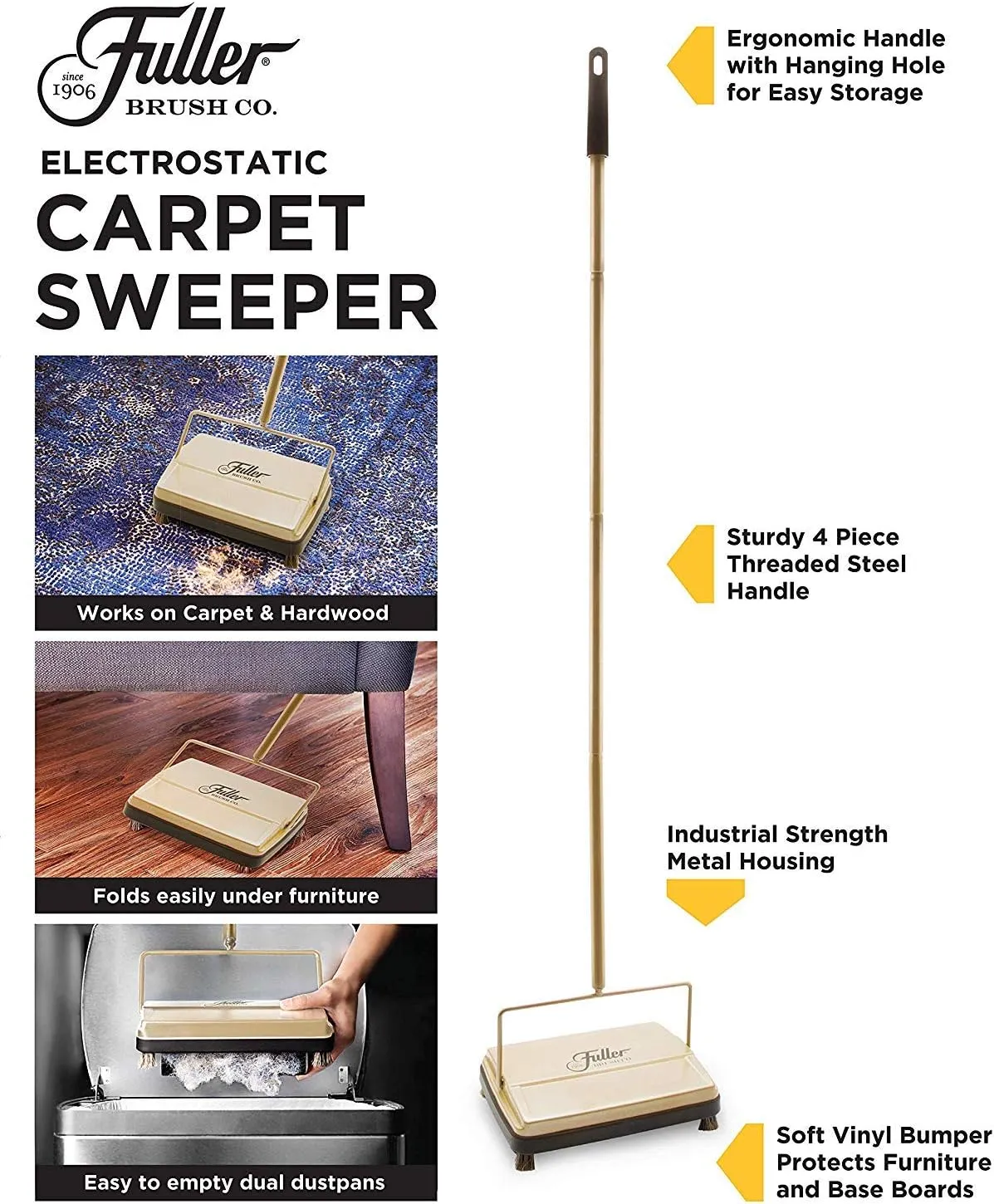 Fuller Brush 17031 Electrostatic Carpet & Floor Sweeper - 9" Cleaning Path - Lightweight - Ideal for Crumby Messes - Works On Carpets & Hard Floor Surfaces - Gold