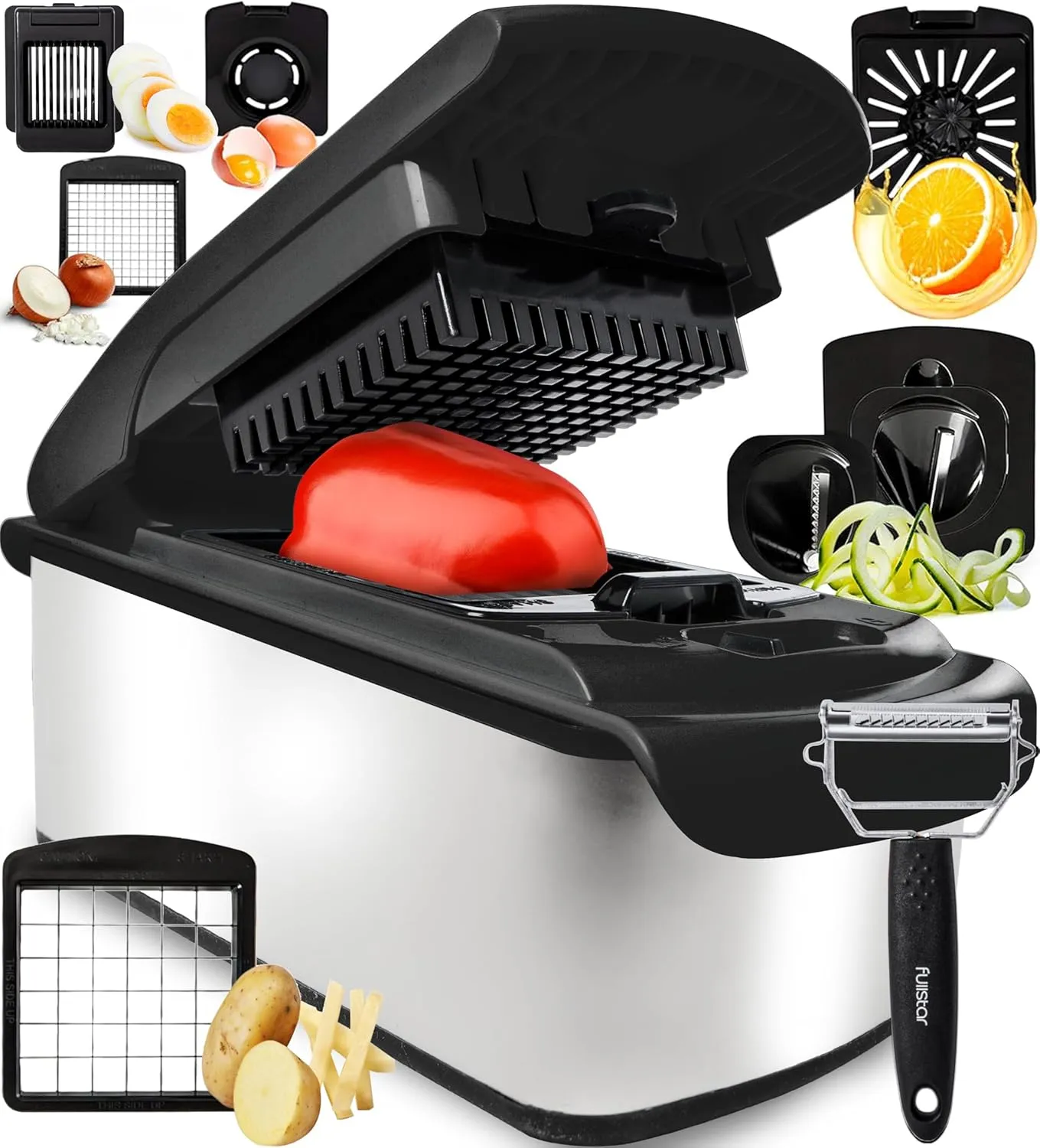 Fullstar Vegetable Chopper and Spiralizer - Food Chopper with Container, Fruit Slicer, Kitchen Gadgets & Accessories, Home Essentials (9 in 1, Stainless Steel)