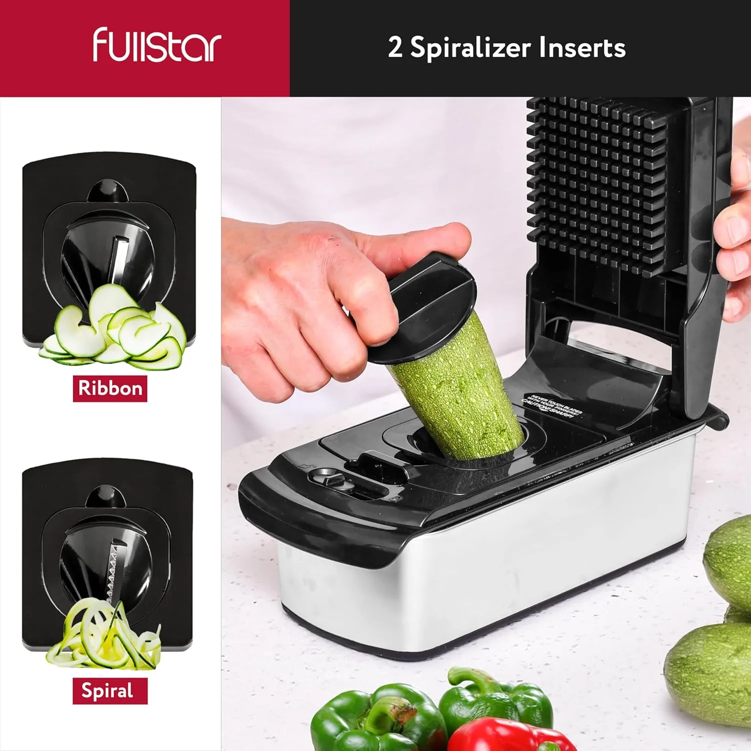 Fullstar Vegetable Chopper and Spiralizer - Food Chopper with Container, Fruit Slicer, Kitchen Gadgets & Accessories, Home Essentials (9 in 1, Stainless Steel)