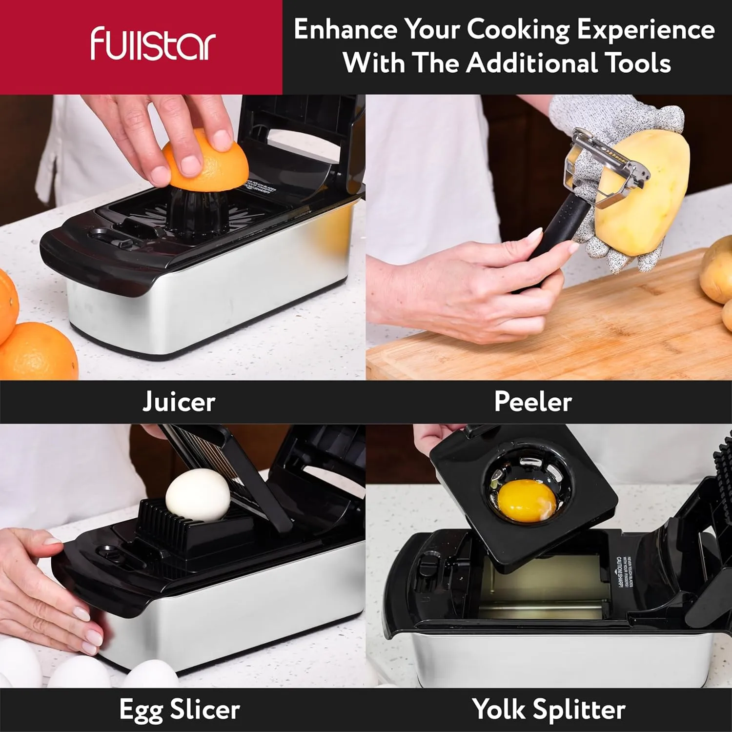 Fullstar Vegetable Chopper and Spiralizer - Food Chopper with Container, Fruit Slicer, Kitchen Gadgets & Accessories, Home Essentials (9 in 1, Stainless Steel)