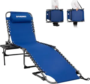 FUNDANGO Folding Chaise Lounge Chair Outdoor, 5 Positions Foldable Beach Lounges Chairs for Adults with Side Table & Pillow for Outside Tanning Pool Camping Patio Lawn (Blue)