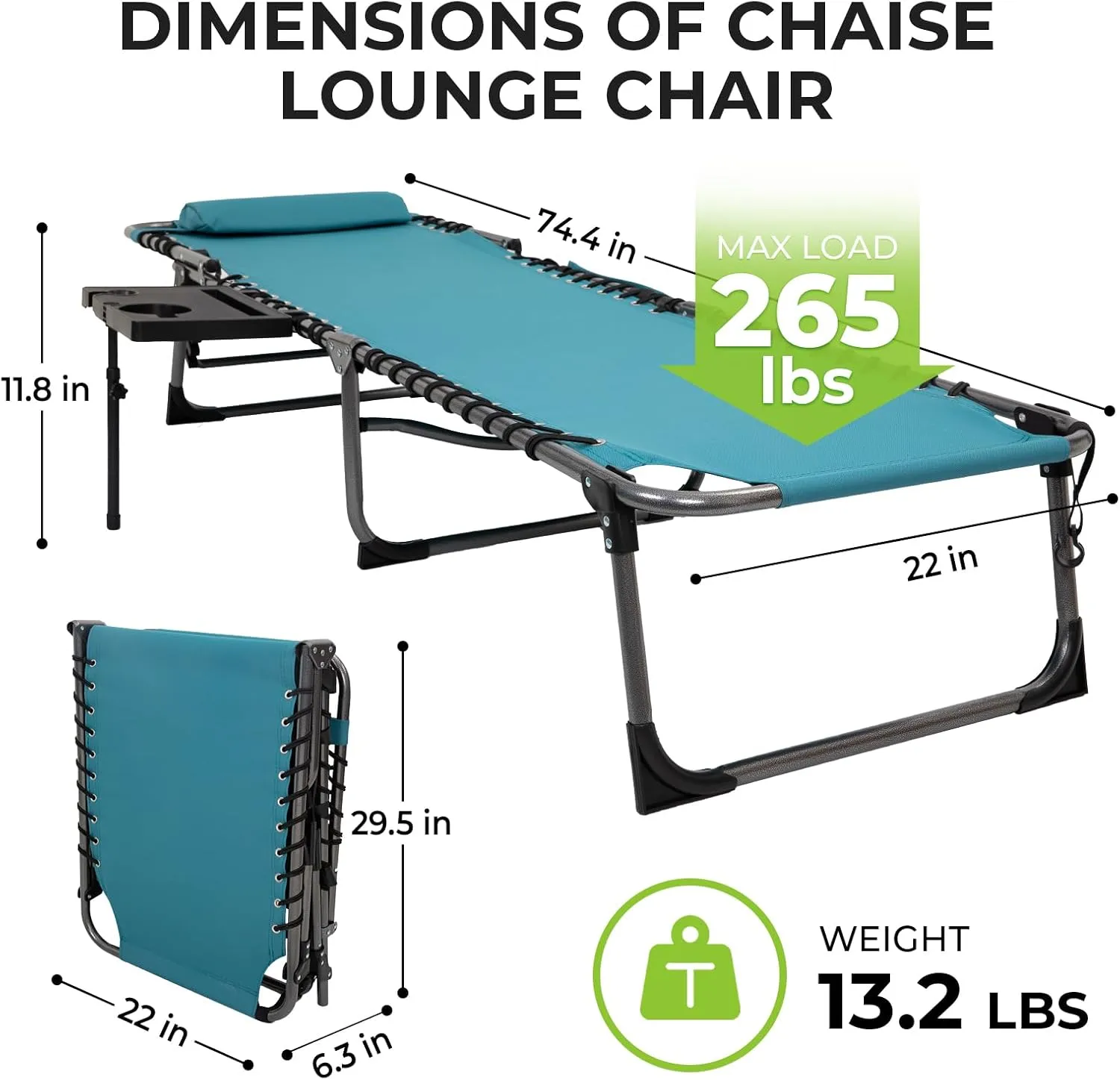 FUNDANGO Folding Chaise Lounge Chair Outdoor, 5 Positions Foldable Beach Lounges Chairs for Adults with Side Table & Pillow for Outside Tanning Pool Camping Patio Lawn (Cyan)