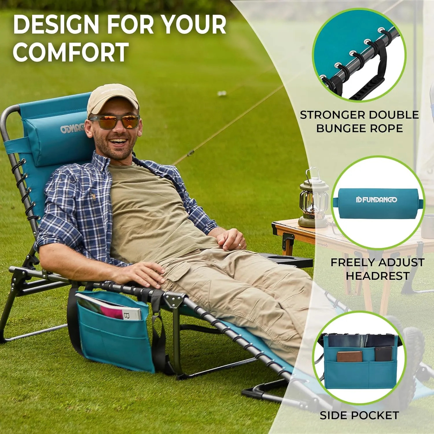 FUNDANGO Folding Chaise Lounge Chair Outdoor, 5 Positions Foldable Beach Lounges Chairs for Adults with Side Table & Pillow for Outside Tanning Pool Camping Patio Lawn (Cyan)
