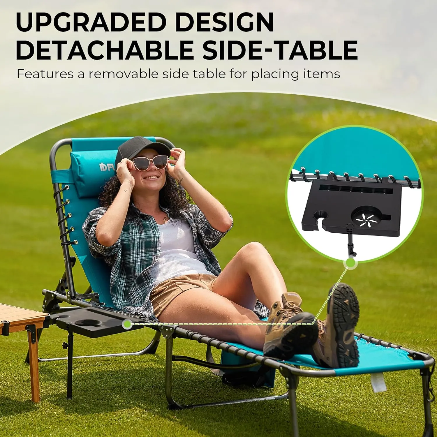 FUNDANGO Folding Chaise Lounge Chair Outdoor, 5 Positions Foldable Beach Lounges Chairs for Adults with Side Table & Pillow for Outside Tanning Pool Camping Patio Lawn (Cyan)