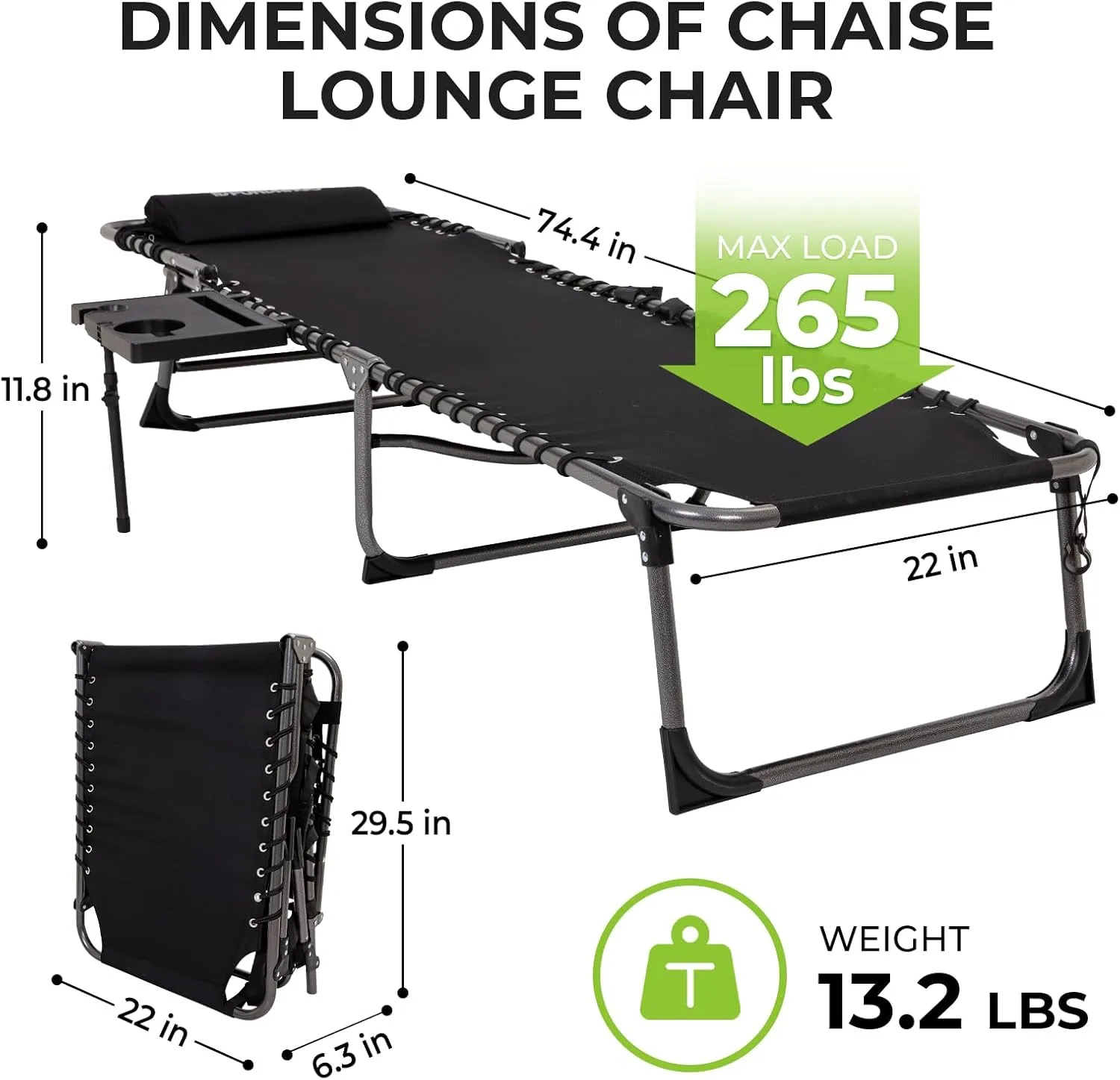 FUNDANGO Outdoor Folding Chaise Lounge Chair with Side Table for Patio, Pool, Lawn, Beach, Sunbathing, 5-Position Adjustable Camping Reclining Chair for Adults with Pillow, Black