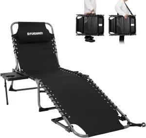 FUNDANGO Outdoor Folding Chaise Lounge Chair with Side Table for Patio, Pool, Lawn, Beach, Sunbathing, 5-Position Adjustable Camping Reclining Chair for Adults with Pillow, Black