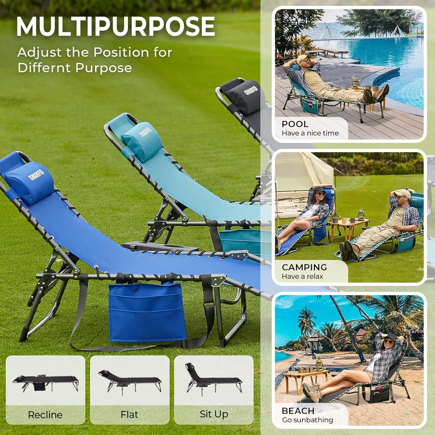 FUNDANGO Outdoor Folding Chaise Lounge Chair with Side Table for Patio, Pool, Lawn, Beach, Sunbathing, 5-Position Adjustable Camping Reclining Chair for Adults with Pillow, Black