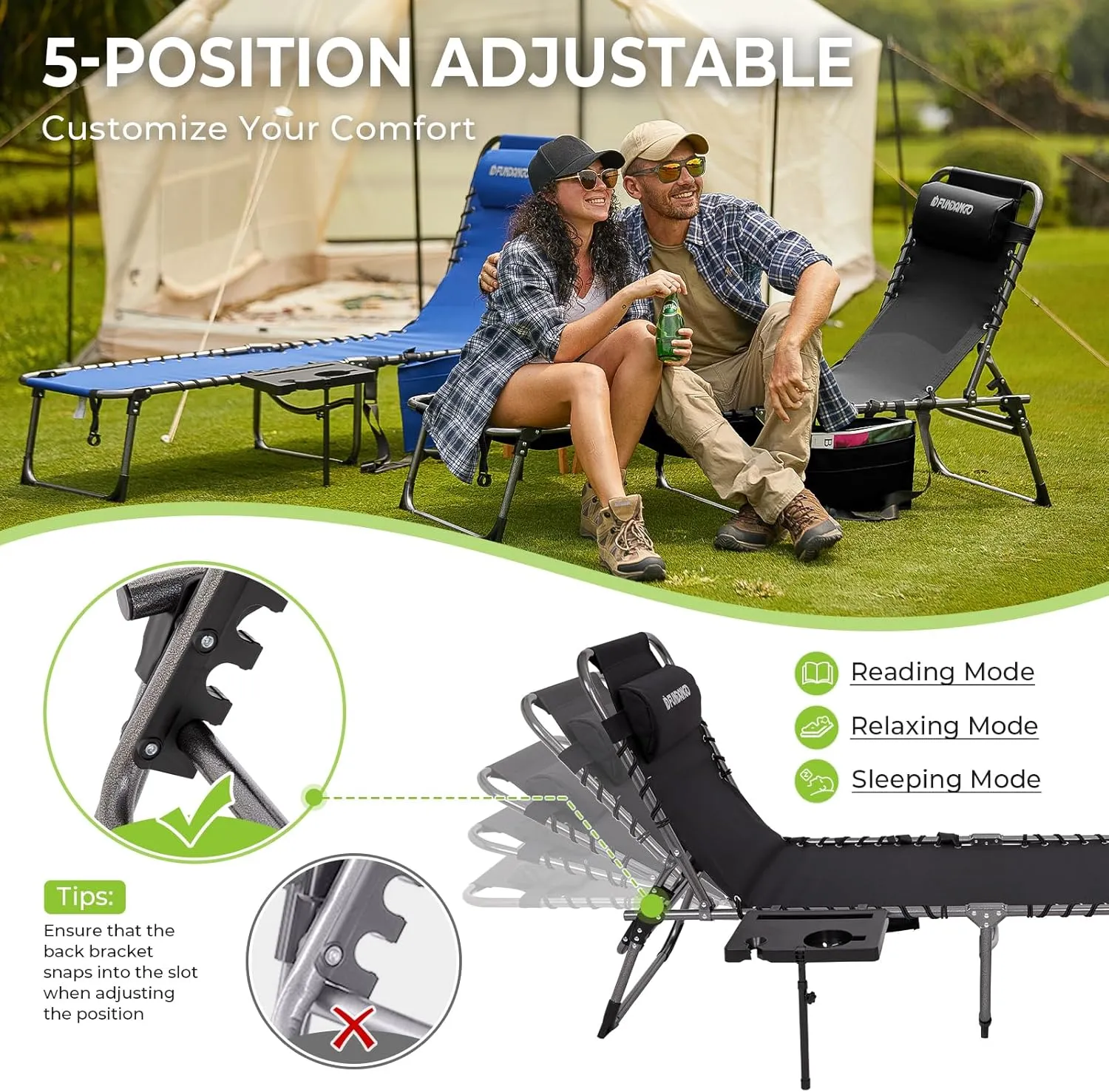 FUNDANGO Outdoor Folding Chaise Lounge Chair with Side Table for Patio, Pool, Lawn, Beach, Sunbathing, 5-Position Adjustable Camping Reclining Chair for Adults with Pillow, Black