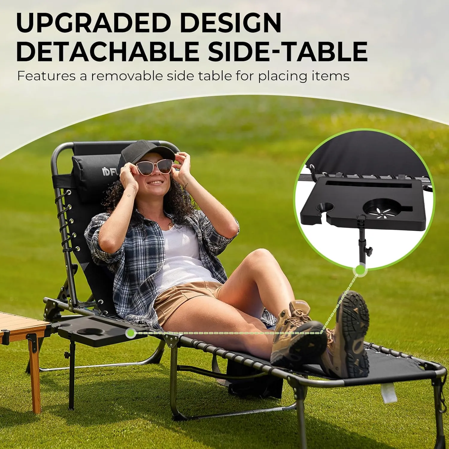 FUNDANGO Outdoor Folding Chaise Lounge Chair with Side Table for Patio, Pool, Lawn, Beach, Sunbathing, 5-Position Adjustable Camping Reclining Chair for Adults with Pillow, Black