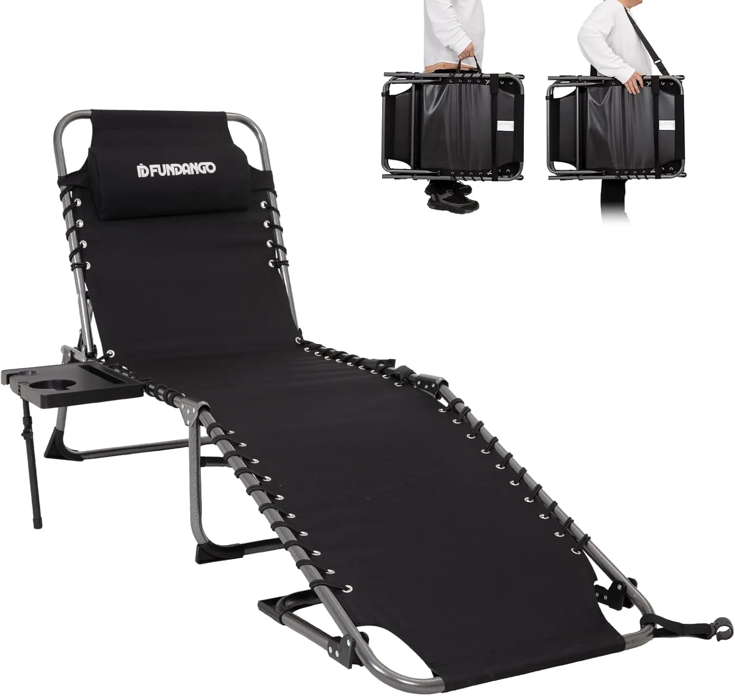 FUNDANGO Outdoor Folding Chaise Lounge Chair with Side Table for Patio, Pool, Lawn, Beach, Sunbathing, 5-Position Adjustable Camping Reclining Chair for Adults with Pillow, Black