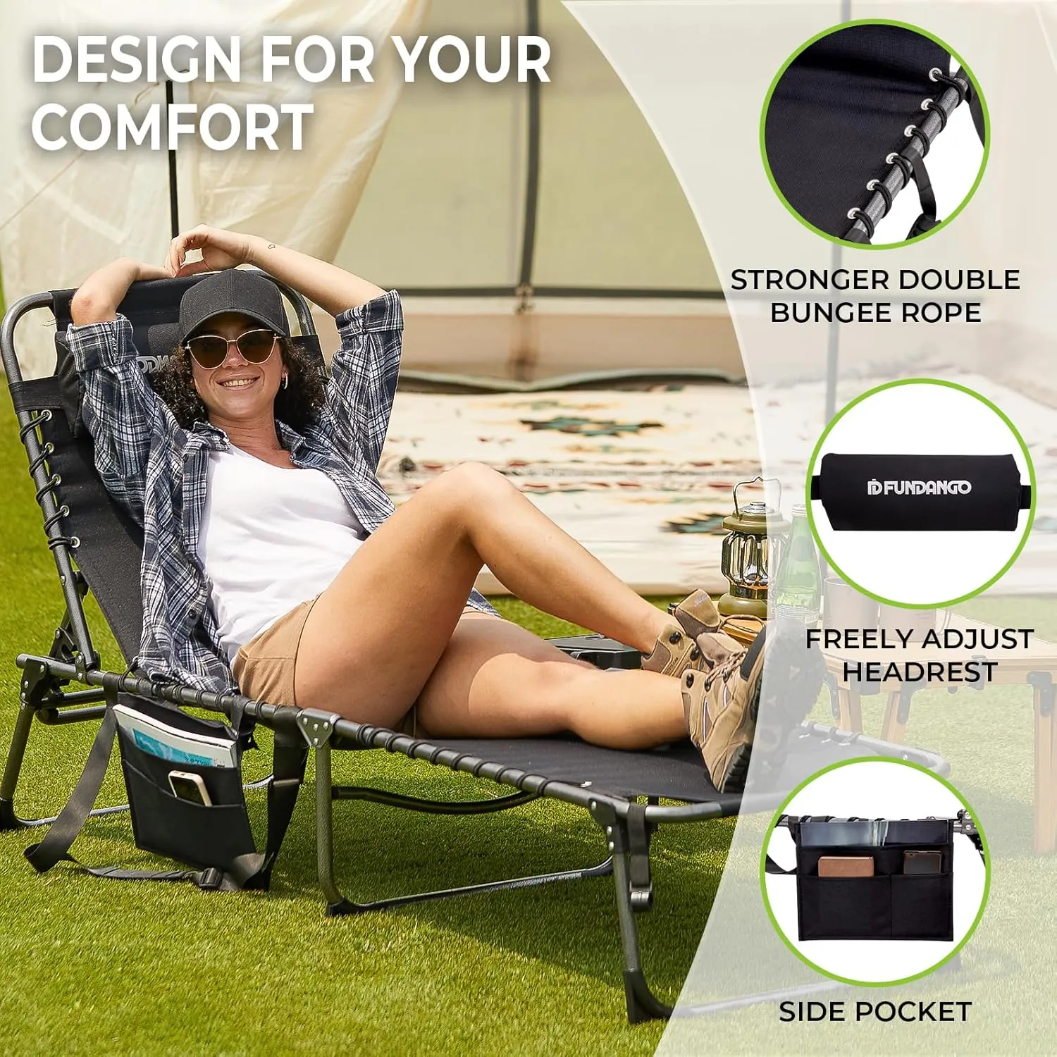FUNDANGO Outdoor Folding Chaise Lounge Chair with Side Table for Patio, Pool, Lawn, Beach, Sunbathing, 5-Position Adjustable Camping Reclining Chair for Adults with Pillow, Black