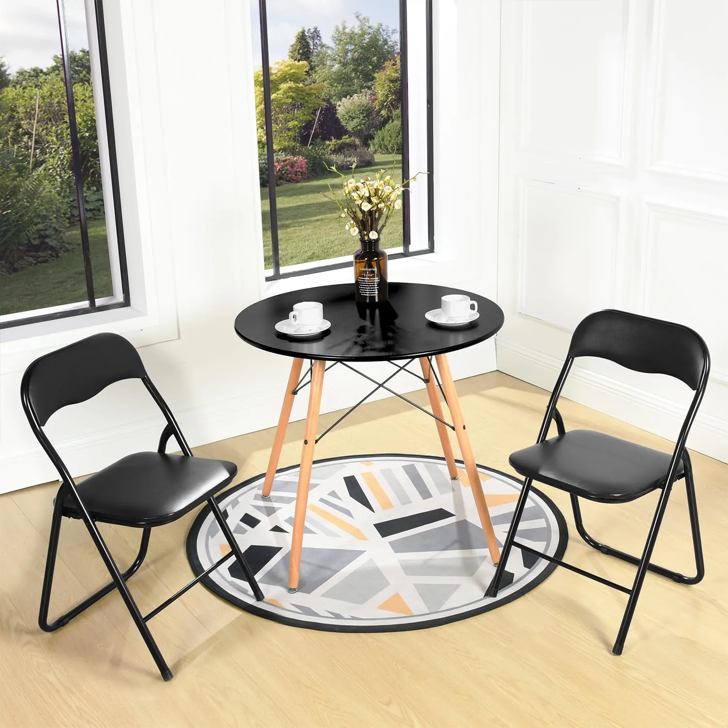 FurnitureR Folding Chairs Set of 2 with PVC Padded Seating and Back, Foldable Chairs Space-Saving for Home Office, Indoor and Outdoor Events, Lightweight and Portable, Steel Frame, Black