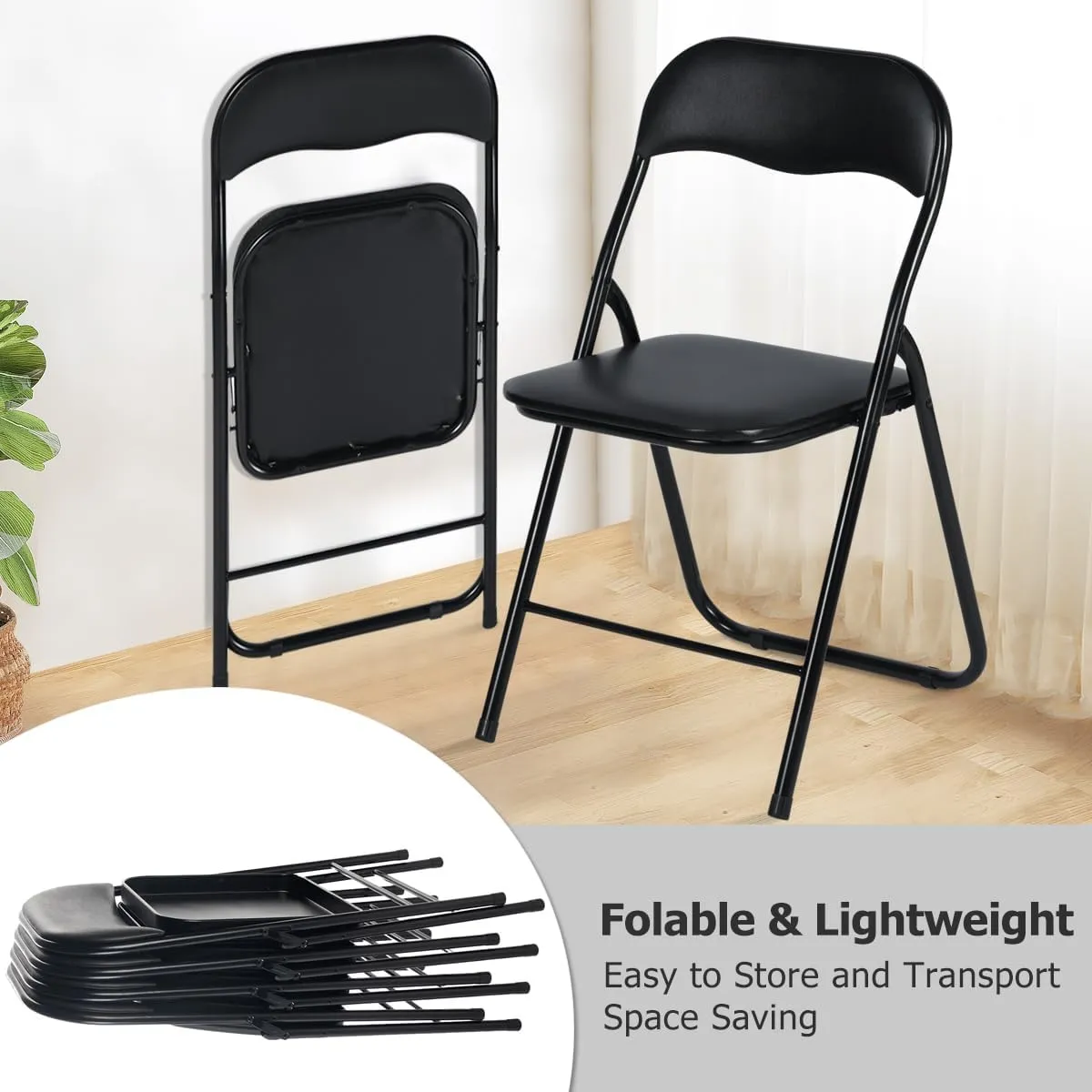FurnitureR Folding Chairs Set of 2 with PVC Padded Seating and Back, Foldable Chairs Space-Saving for Home Office, Indoor and Outdoor Events, Lightweight and Portable, Steel Frame, Black