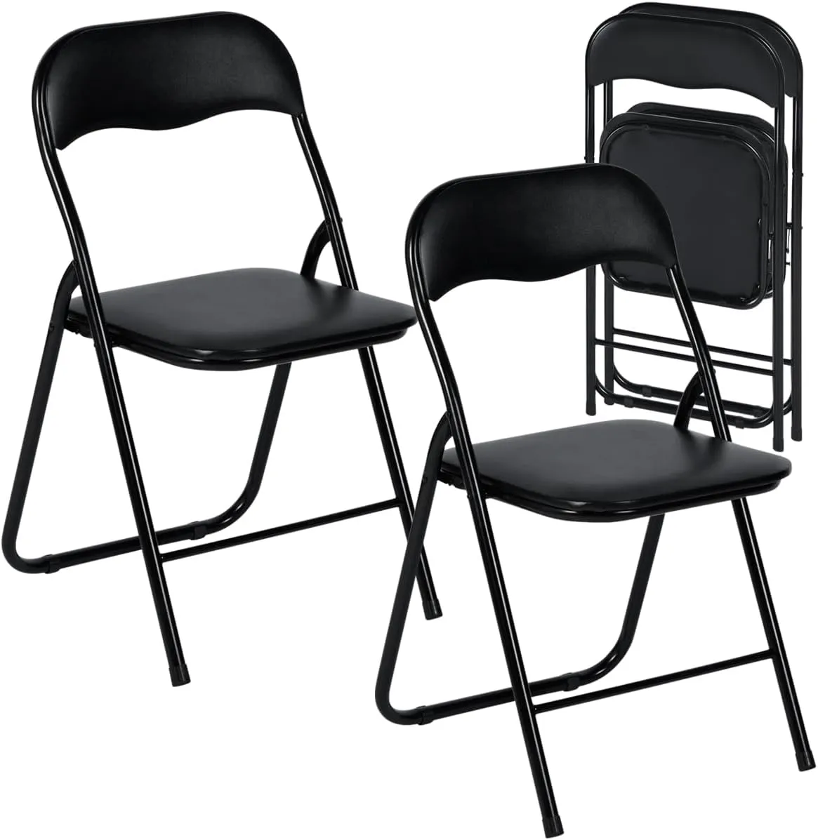 FurnitureR Folding Chairs Set of 2 with PVC Padded Seating and Back, Foldable Chairs Space-Saving for Home Office, Indoor and Outdoor Events, Lightweight and Portable, Steel Frame, Black