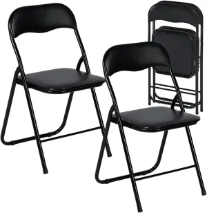 FurnitureR Folding Chairs Set of 2 with PVC Padded Seating and Back, Foldable Chairs Space-Saving for Home Office, Indoor and Outdoor Events, Lightweight and Portable, Steel Frame, Black