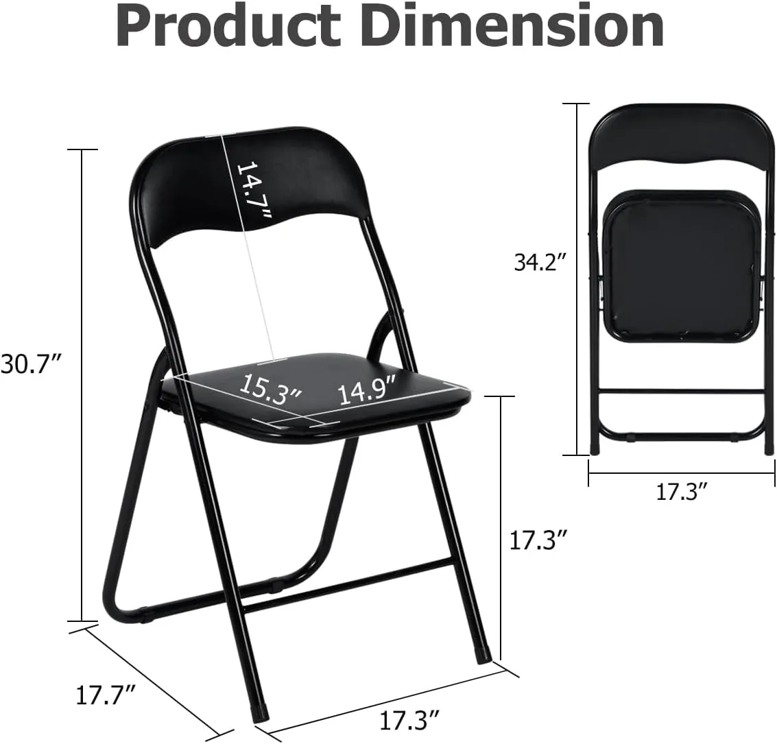 FurnitureR Folding Chairs Set of 2 with PVC Padded Seating and Back, Foldable Chairs Space-Saving for Home Office, Indoor and Outdoor Events, Lightweight and Portable, Steel Frame, Black