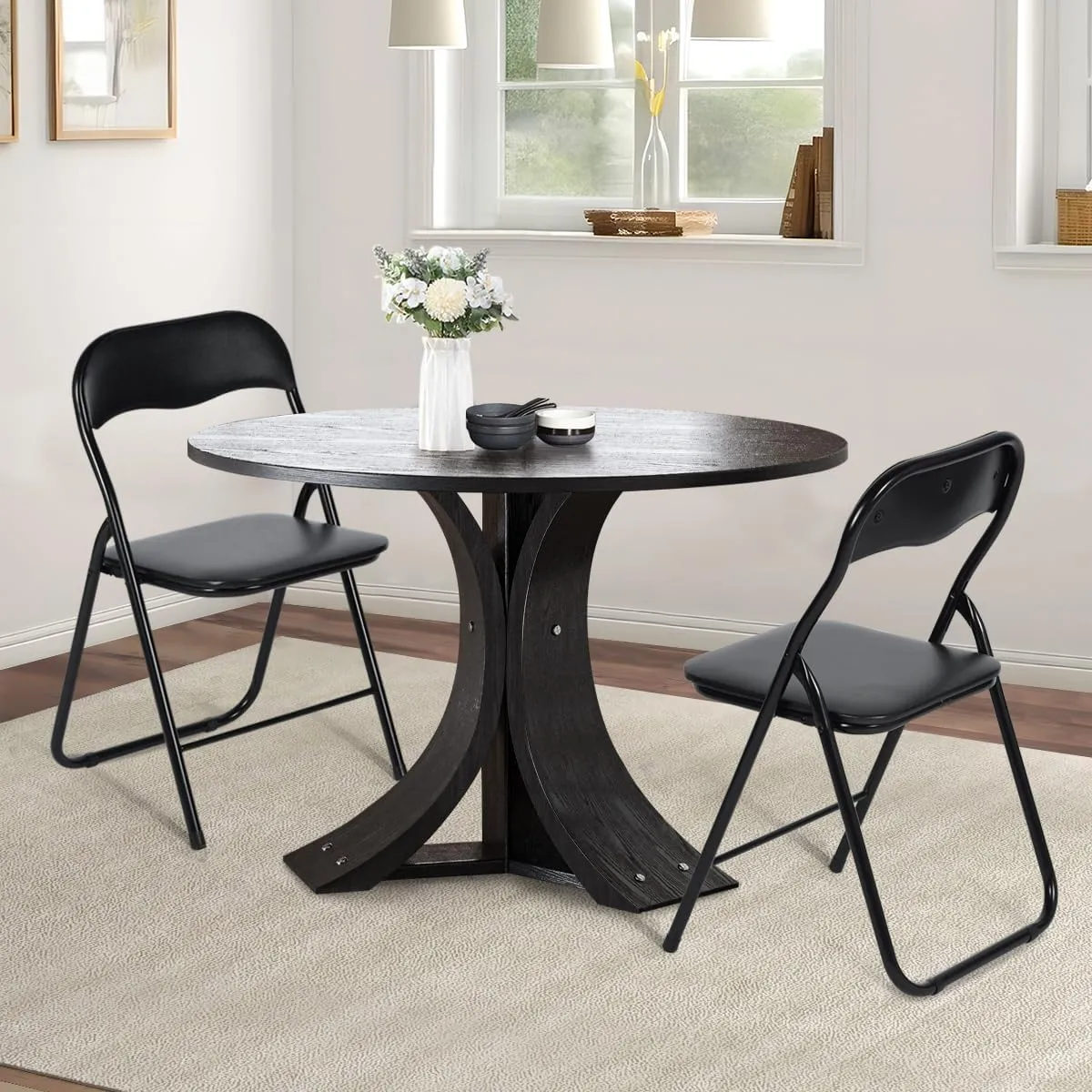 FurnitureR Folding Chairs Set of 2 with PVC Padded Seating and Back, Foldable Chairs Space-Saving for Home Office, Indoor and Outdoor Events, Lightweight and Portable, Steel Frame, Black