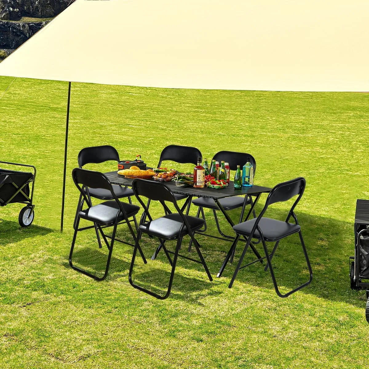 FurnitureR Folding Chairs Set of 2 with PVC Padded Seating and Back, Foldable Chairs Space-Saving for Home Office, Indoor and Outdoor Events, Lightweight and Portable, Steel Frame, Black