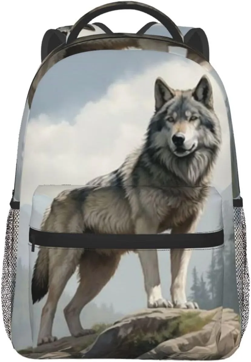 G-ray Wolf Lightweight Casual Student Backpack With Adjustable Shoulder Straps And Cushioned Back For Comfort Black
