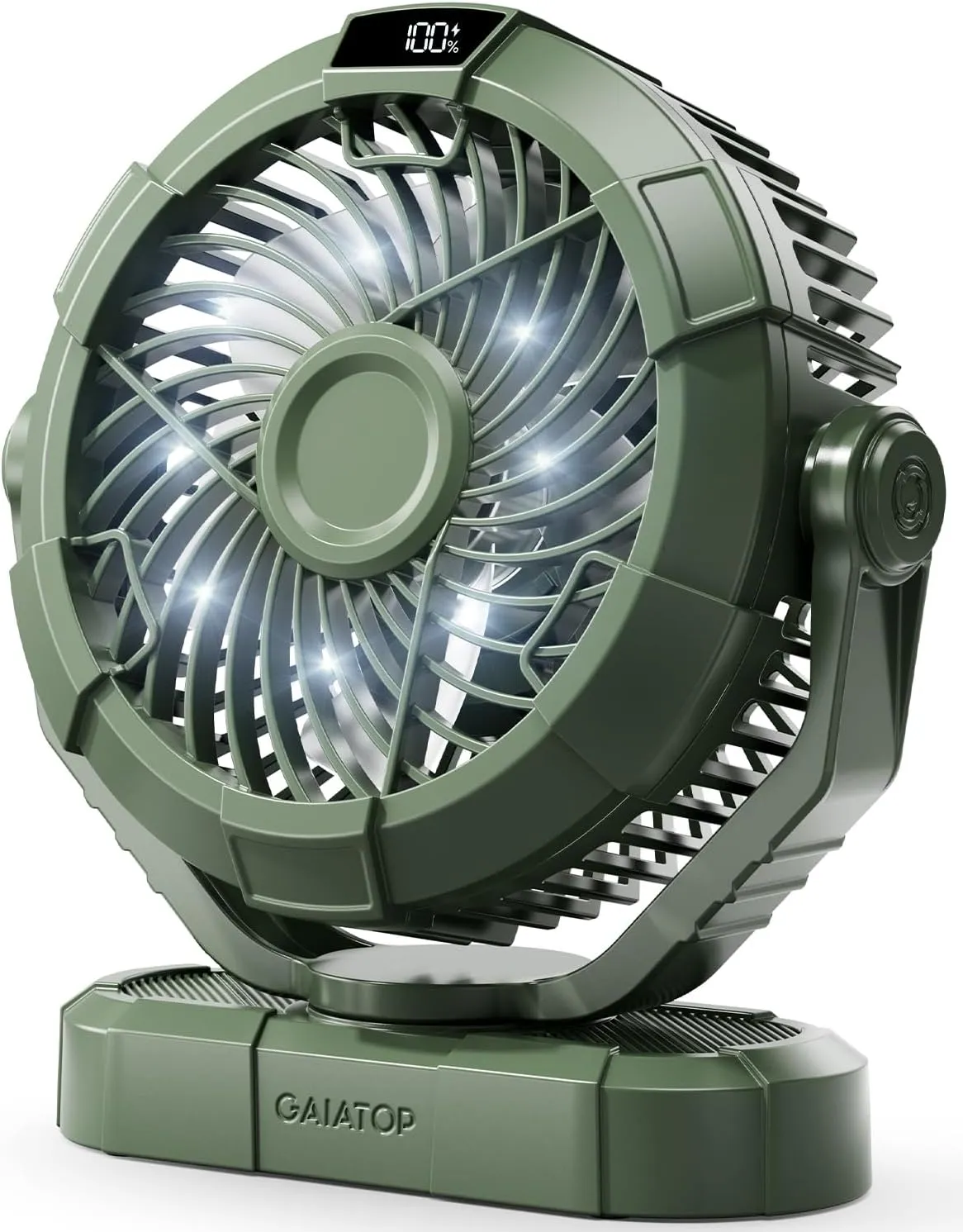 Gaiatop Portable Camping Fan with LED Lantern, Power Display 360° Head Rotation, Hanging Hook for Tent, 3 Speed Quiet Rechargeable, 4000mAh Battery Operated USB Fans for Indoor Outdoor Travel Green