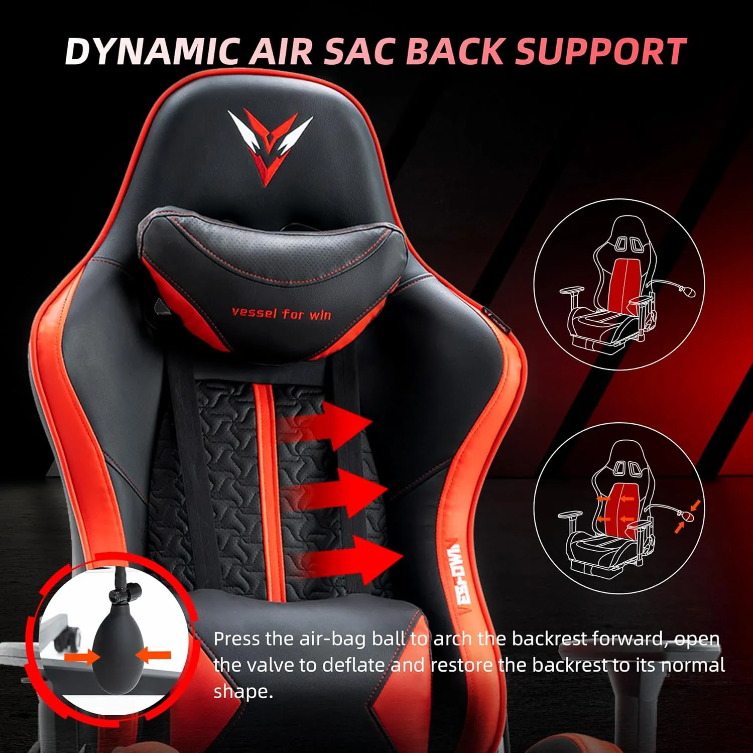 Gaming Chair for Adults, Ergonomic Video Game Chair with Adjustable Backrest, Massage Lumbar Support Premium PU Leather Tall Gamer Chair with Footrest Rocking Function Sturdy Metal Base, Black Red