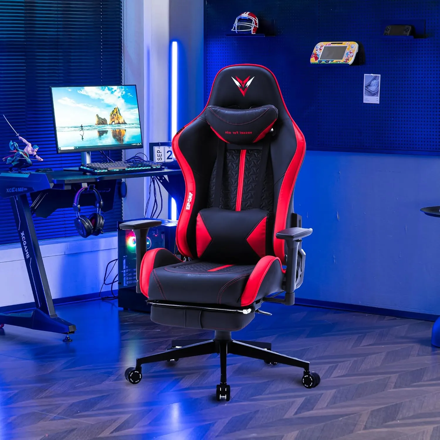 Gaming Chair for Adults, Ergonomic Video Game Chair with Adjustable Backrest, Massage Lumbar Support Premium PU Leather Tall Gamer Chair with Footrest Rocking Function Sturdy Metal Base, Black Red