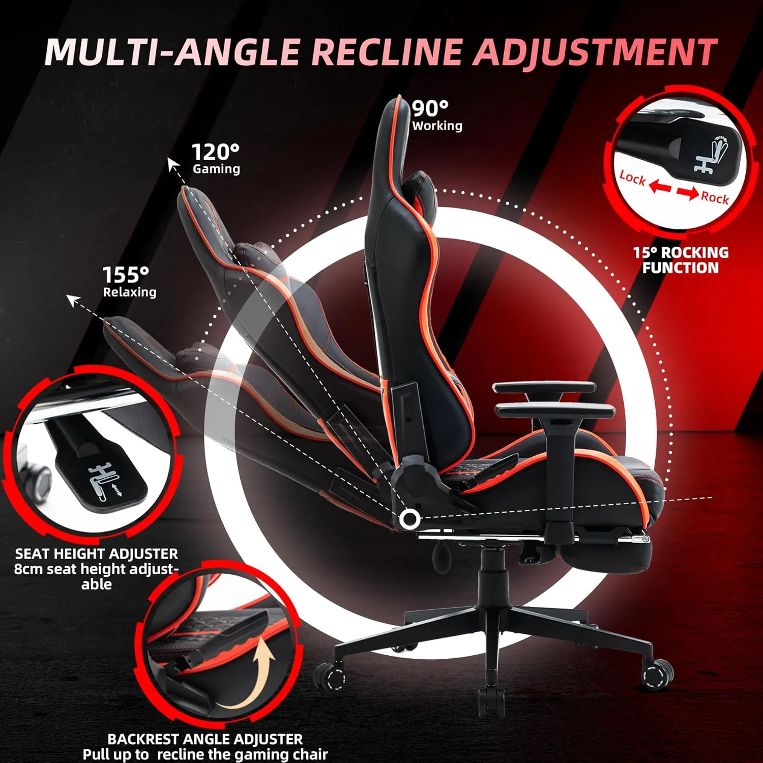 Gaming Chair for Adults, Ergonomic Video Game Chair with Adjustable Backrest, Massage Lumbar Support Premium PU Leather Tall Gamer Chair with Footrest Rocking Function Sturdy Metal Base, Black Red