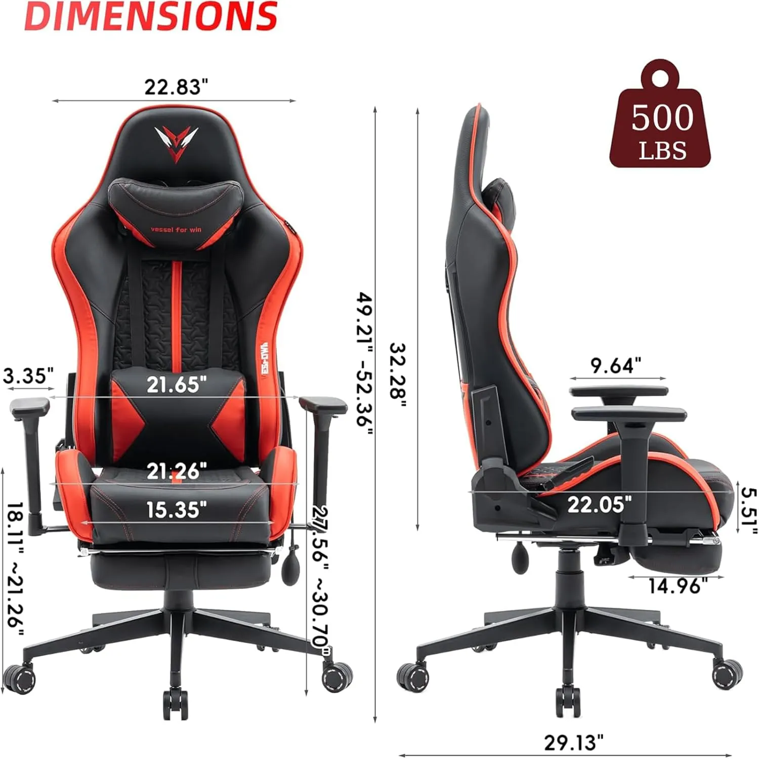 Gaming Chair for Adults, Ergonomic Video Game Chair with Adjustable Backrest, Massage Lumbar Support Premium PU Leather Tall Gamer Chair with Footrest Rocking Function Sturdy Metal Base, Black Red