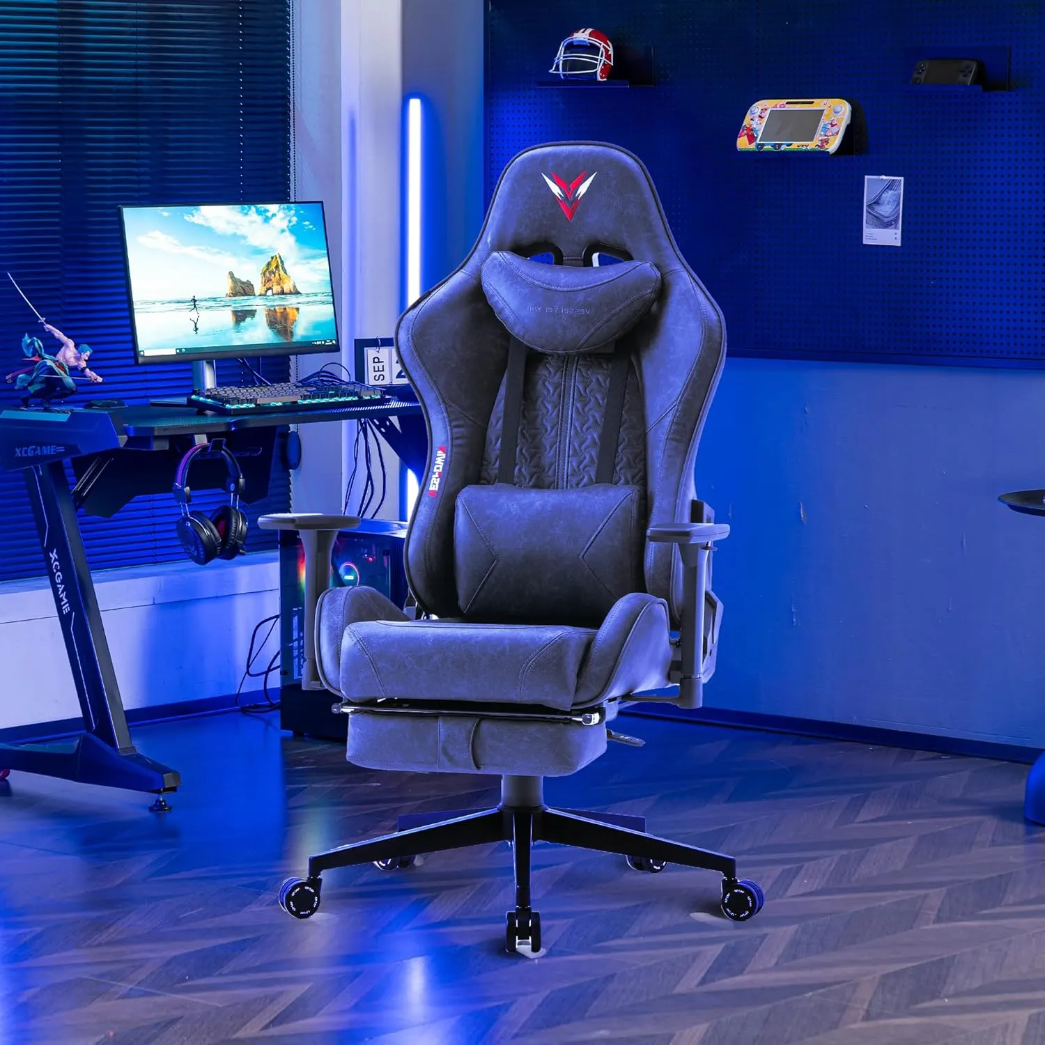 Gaming Chair for Adults, Ergonomic Video Game Chair with Adjustable Backrest, Massage Lumbar Support Premium PU Leather Tall Gamer Chair with Footrest Rocking Function Sturdy Metal Base,Grey