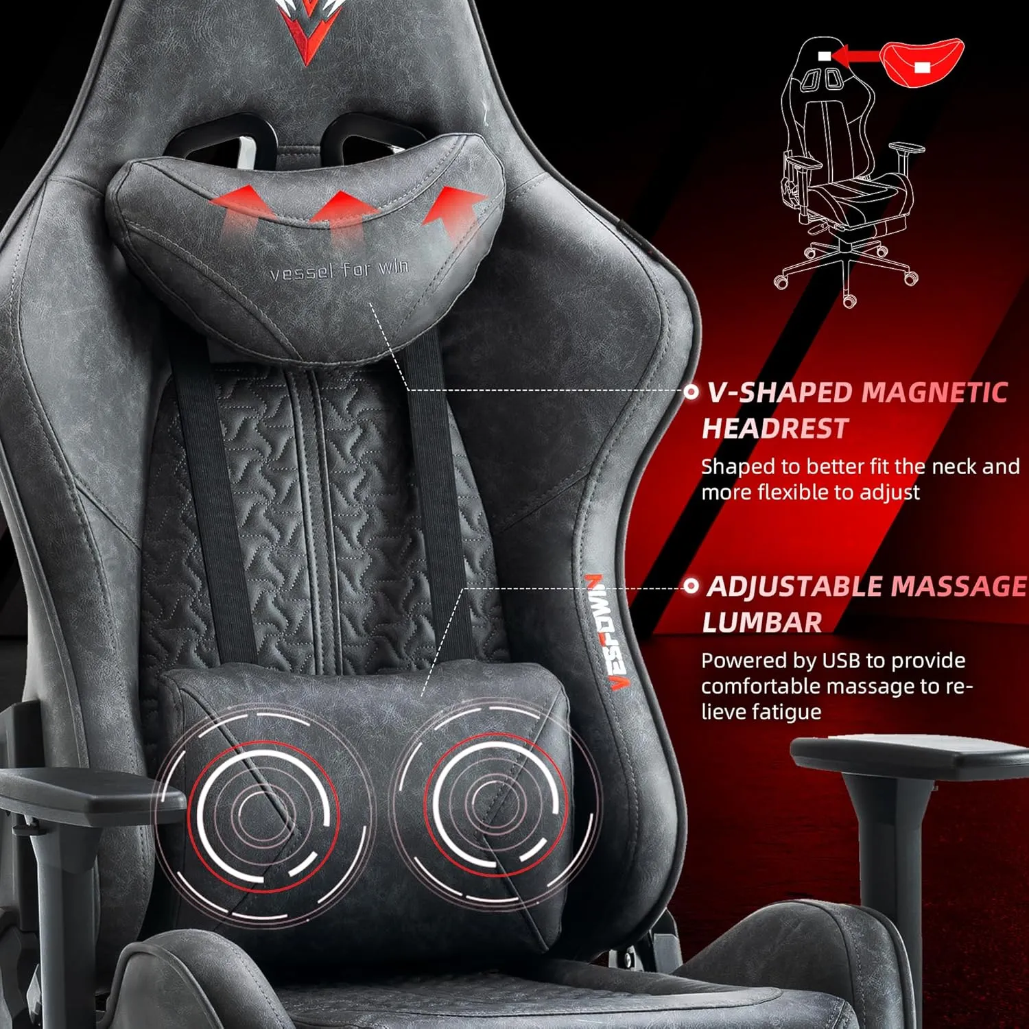 Gaming Chair for Adults, Ergonomic Video Game Chair with Adjustable Backrest, Massage Lumbar Support Premium PU Leather Tall Gamer Chair with Footrest Rocking Function Sturdy Metal Base,Grey
