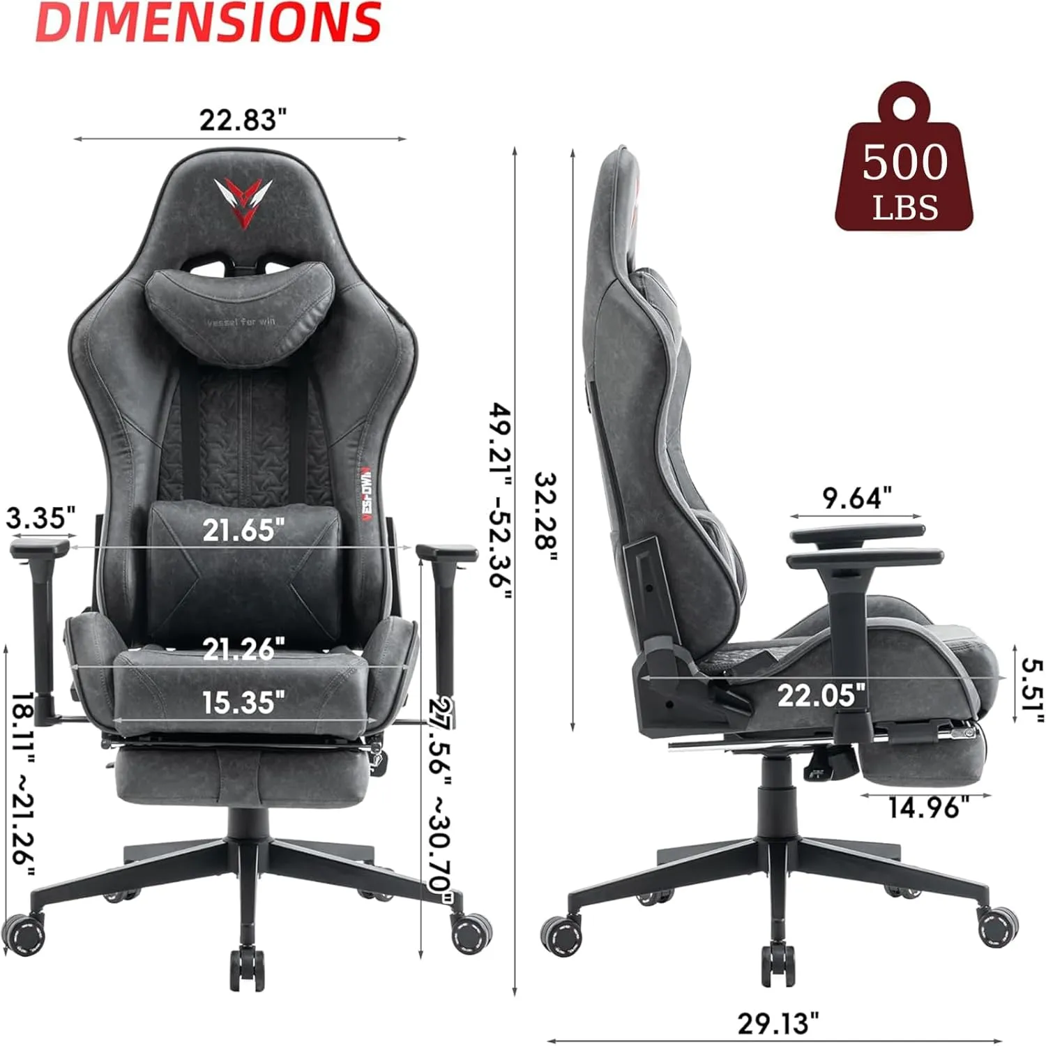 Gaming Chair for Adults, Ergonomic Video Game Chair with Adjustable Backrest, Massage Lumbar Support Premium PU Leather Tall Gamer Chair with Footrest Rocking Function Sturdy Metal Base,Grey