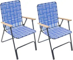 Garden Elements Folding Patio & Lawn Chairs – Steel Frame with Blue Woven Fabric and Wooden Armrests, Comfortable Full-Size Outdoor Chairs for Backyard, Camping, or Events (Pack of 2)