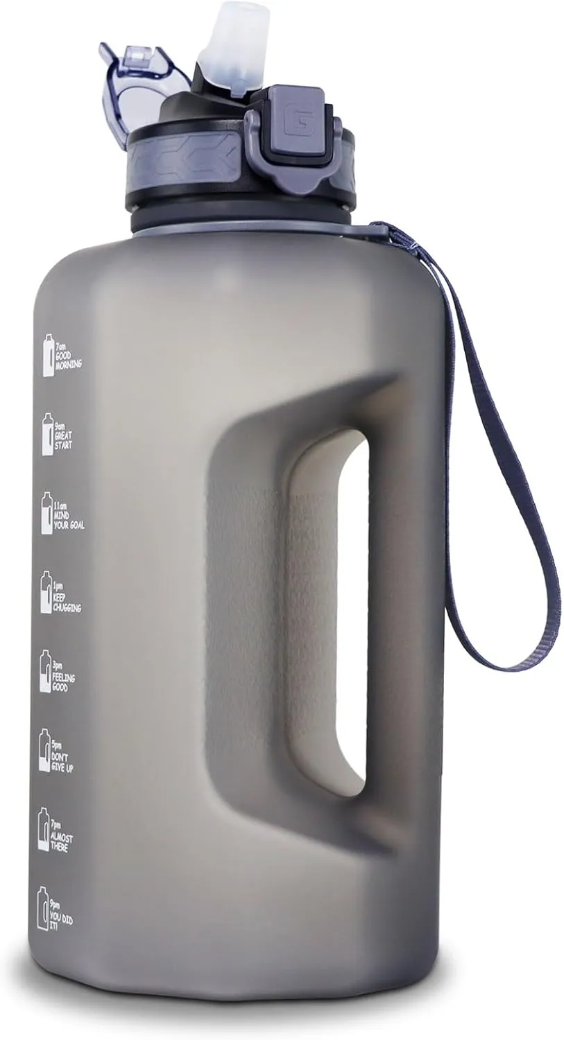 GEMFUL 74oz Motivational Water Bottle with Straw & Time Marker BPA-Free Large Water Jug for Gym Fitness Sports Leakproof with Handle (Grey)