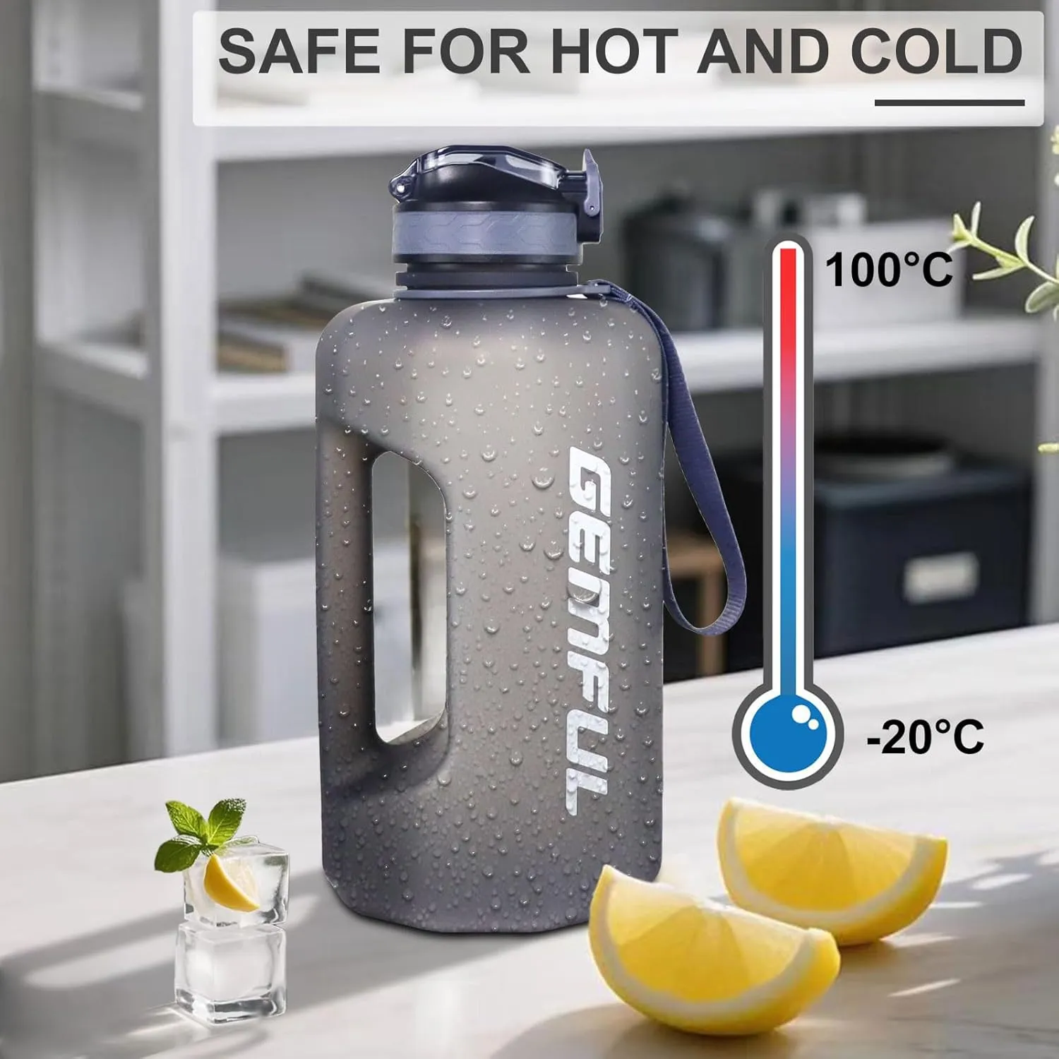 GEMFUL 74oz Motivational Water Bottle with Straw & Time Marker BPA-Free Large Water Jug for Gym Fitness Sports Leakproof with Handle (Grey)
