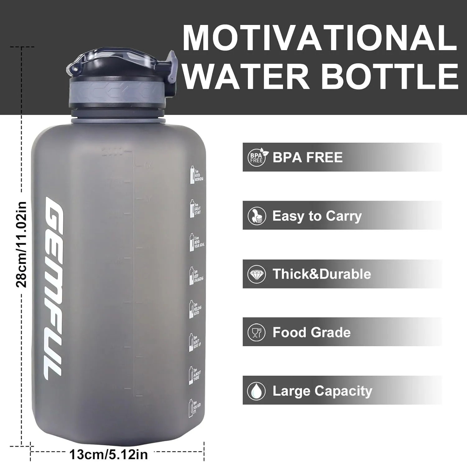 GEMFUL 74oz Motivational Water Bottle with Straw & Time Marker BPA-Free Large Water Jug for Gym Fitness Sports Leakproof with Handle (Grey)