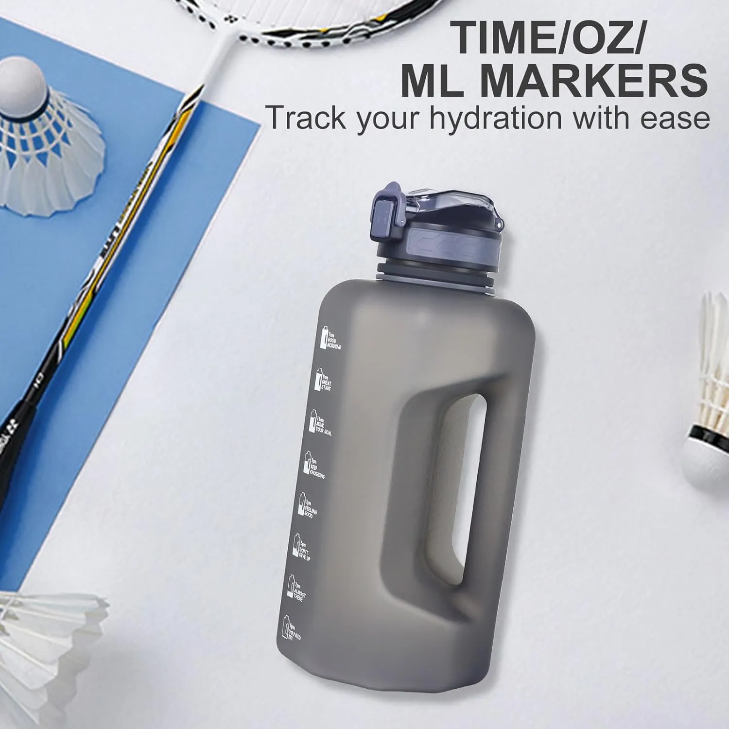 GEMFUL 74oz Motivational Water Bottle with Straw & Time Marker BPA-Free Large Water Jug for Gym Fitness Sports Leakproof with Handle (Grey)